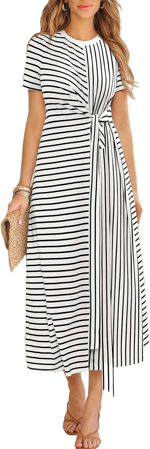 CUPSHE Women's Summer Striped Dresses Short Sleeve Tie Waist T Shirt Maxi Dress Casual Vacation Outfits