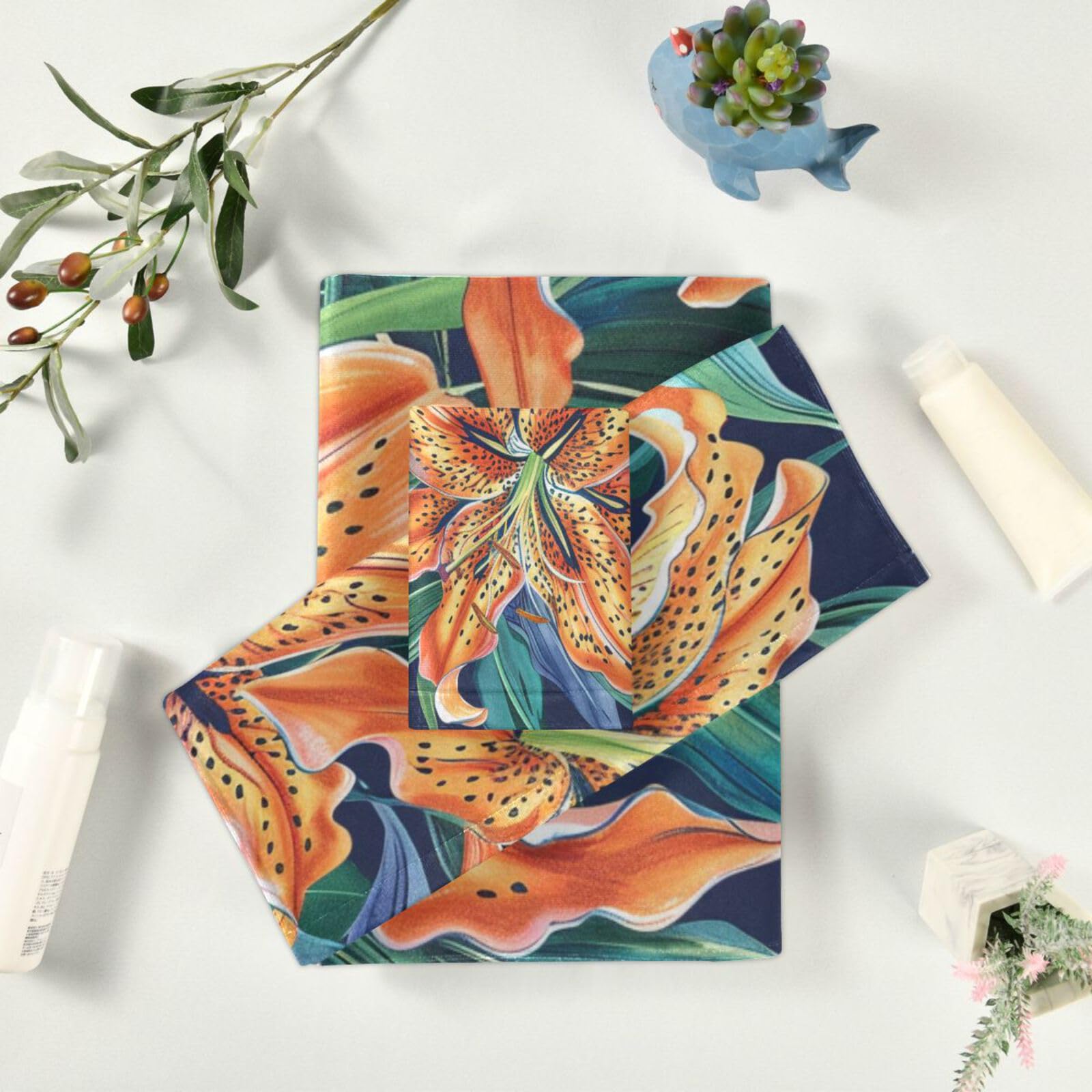 Set di 3 asciugamani da testa a punta con fiori arancioni in stile bohémien, 1 asciugamano da bagno, 1 asciugamano per mani, 1 panno per spiaggia, capelli, viso, palestra, nuoto, cucina
