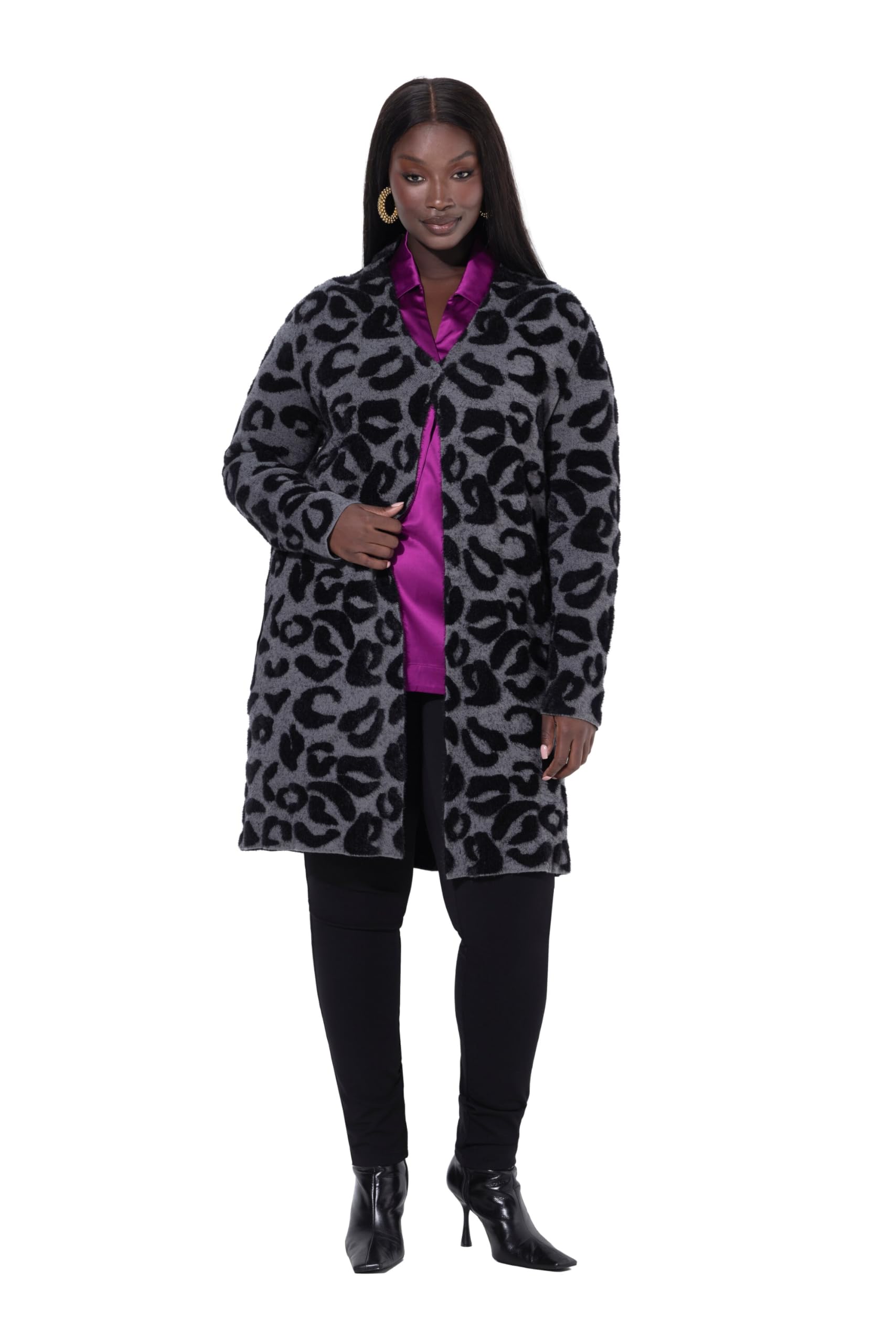 Ulla Popken Damen große Größen Übergrößen Plus Size Long-Strickjacke, Leomuster, Stehkragen, Langarm 841851