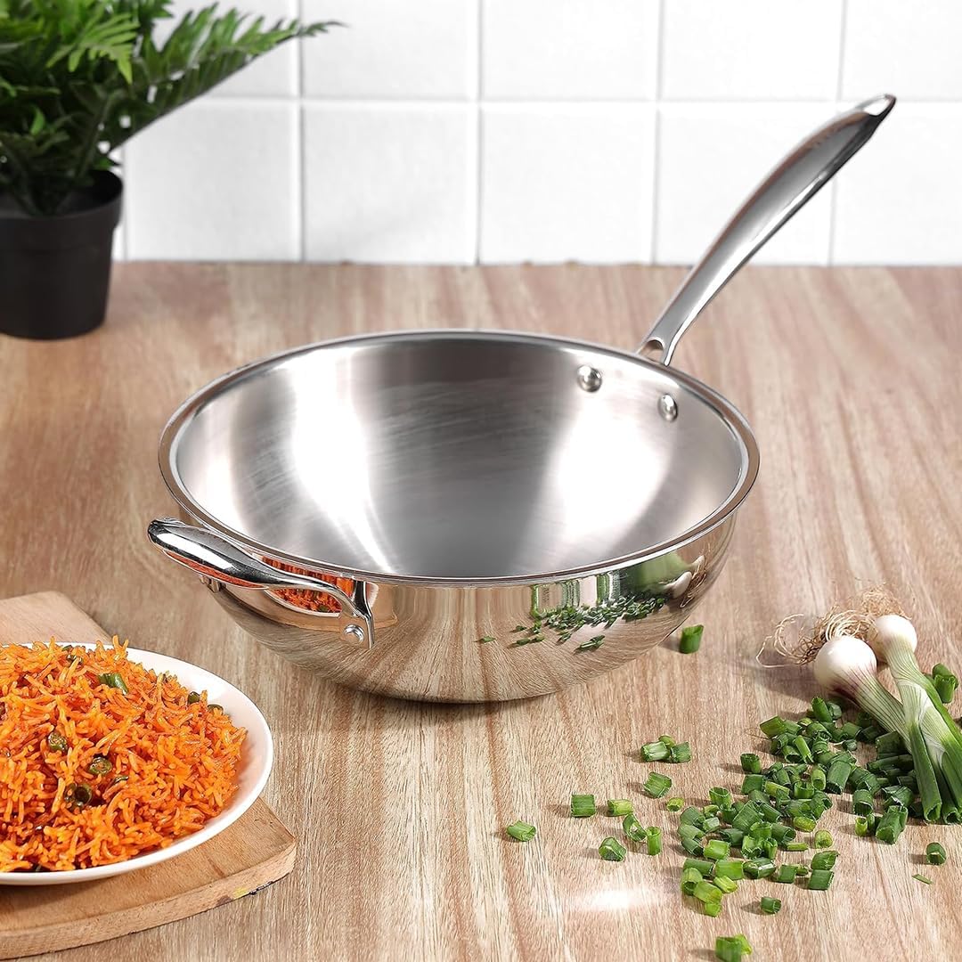 HomeEssentials 26cm Tri-Ply Stainless Steel Wok Pan – Induction & Gas Friendly, Naturally Non-Stick | Ideal for Deep Frying, Stir Fry, Sautéing, Dry Veg & Chinese Noodles Cooking