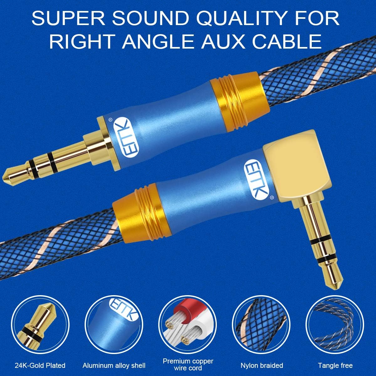 90 Degree Right Angle Aux Cable - [24K Gold-Plated,Sound Quality] EMK Audio Stereo Male to Male Cable for Laptop, Tablets, MP3 Players,Car/Home Aux Stereo, Speaker or More (4Ft/1.2Meters)