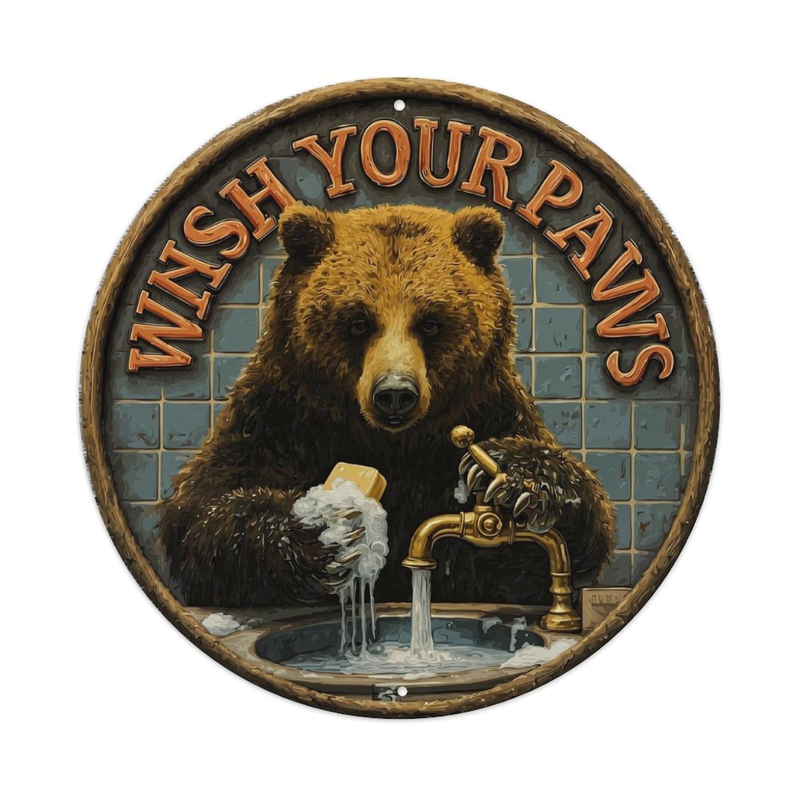 Bear Washing Paws With Soap Retro Metal Sign Round Tin Sign, Vintage Decor Art Poster for Bar, Home, Man Cave, Kitchen, Laundry Room Gift 8x8Inch