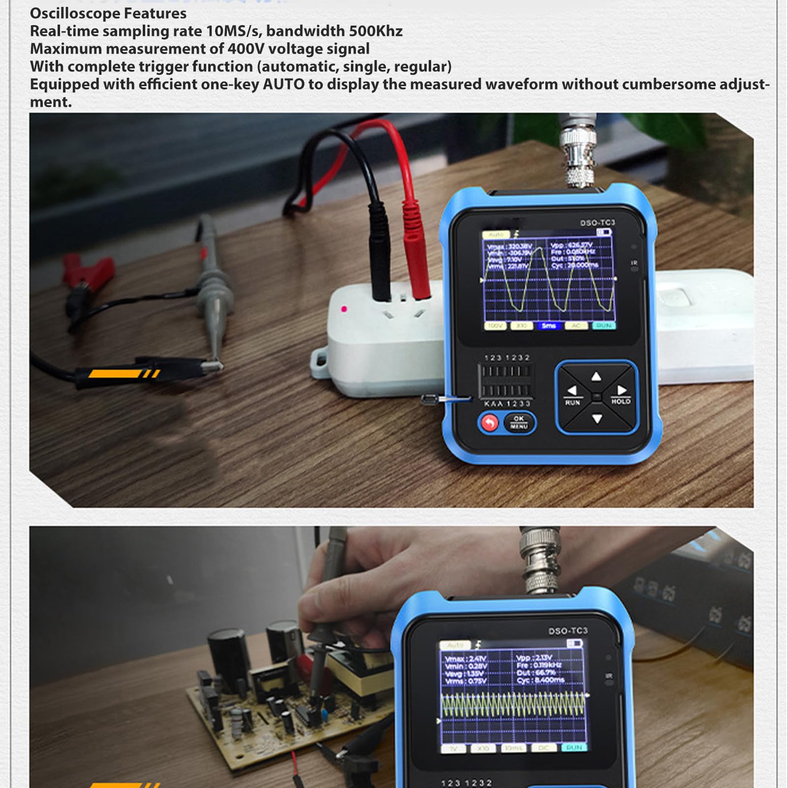 Duokon Osciloscopio DSO TC3, Osciloscopio Portátil 3 en 1, Probador de Componentes Digitales ABS y Generador de Funciones, 500 KHz 10 S, para Estudiantes Ingenieros Reparación de Laboratorio