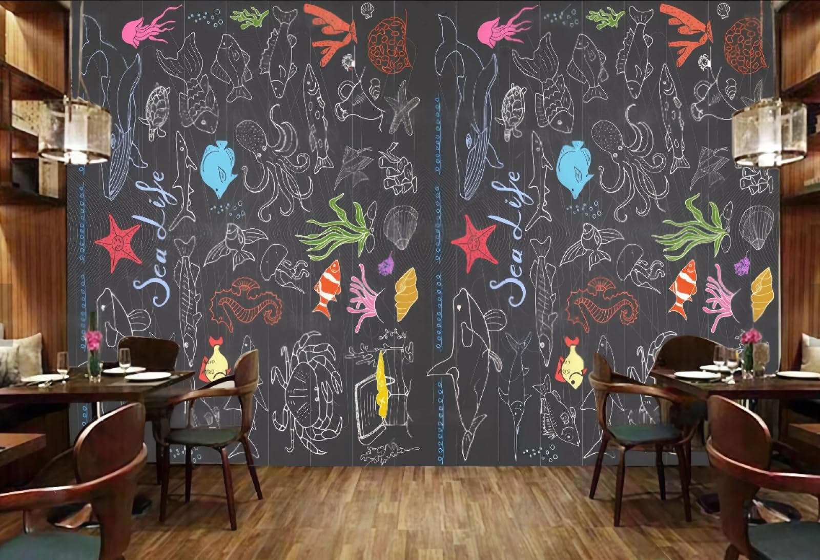 Tapeta czarny obraz ręcznie malowane owoce morza restauracja gastronomiczna popołudniowa herbata codzienne przekąski napoje tło ściana zachodnia restauracja fototapeta kawiarnia, 3D, 430x30