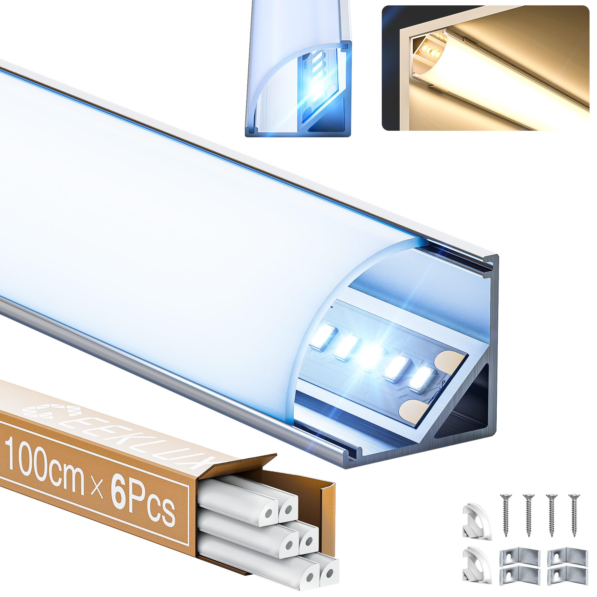 GEEKLUX 6x Profili Angolari Alluminio da 1 Metri (Totale 6m) per Strisce Led, Canalina Led e Profilo Led Grigio, Max Striscia Led 10 mm - Dimensione 15.8 x 15.8mm (SL09, 6 * 1M(Total 6M))