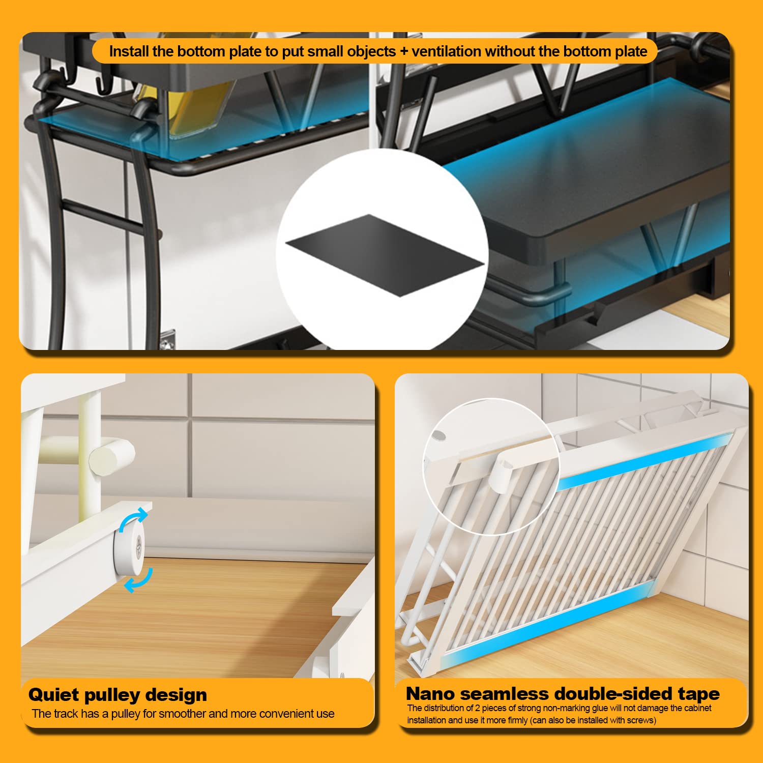 AVSMGP Scaffale portaoggetti per armadietto, Organizer Sottolavello Cucina, Organizer Cucina, Scaffale portaoggetti per armadietto con 2 cassetti scorrevoli per Ufficio Cucina,Nero