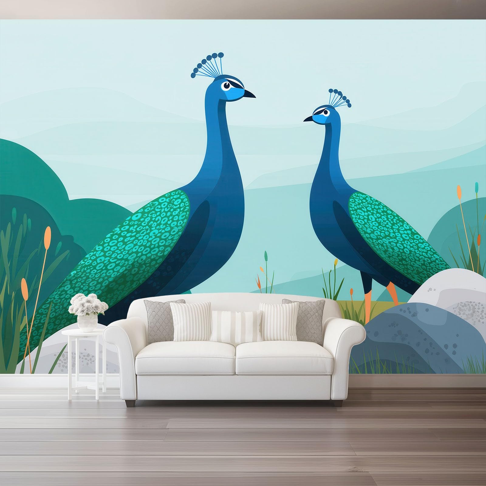 Tapeta z włókniny 200 x 140 cm, uroczy paw plakat fotograficzny na ścianę do kuchni, sypialni, restauracji, salonu, pokoju dziecięcego, dekoracja ścienna niebieski zielony