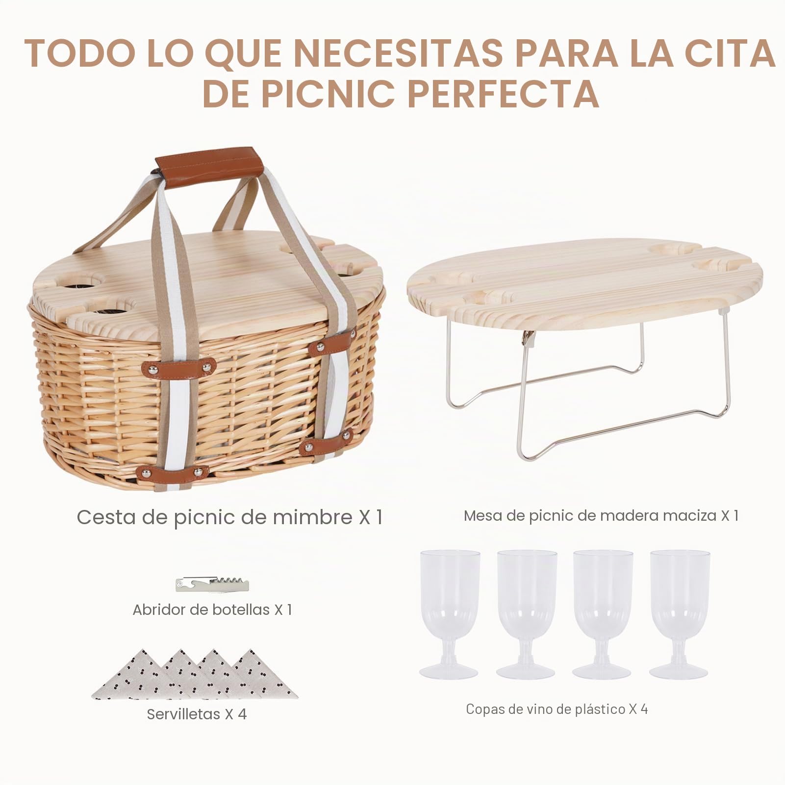 Juego de canasta de picnic para 4 personas, cesta de picnic aislada de mimbre con mesa de vino plegable, kit de picnic de vino con forro para parejas, camping, al aire libre, San Valentín