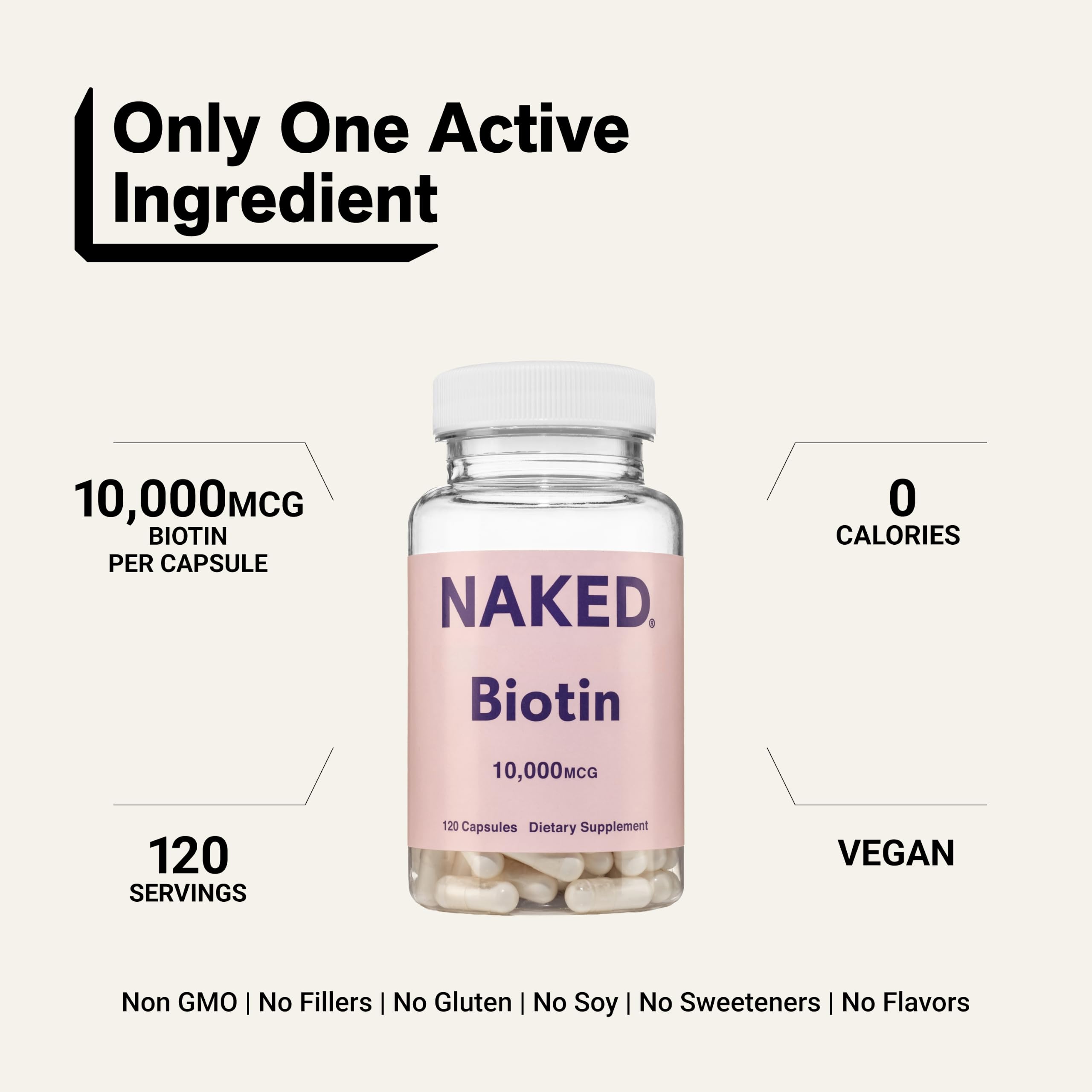 NAKED Biotin 10,000mcg - Max Strength Vitamin B7 Supplement for Healthy Hair, Skin & Nails Support - Non-GMO, Gluten-Free, Vegan - Supports Keratin Production - 120 Capsules — Amazon image 3