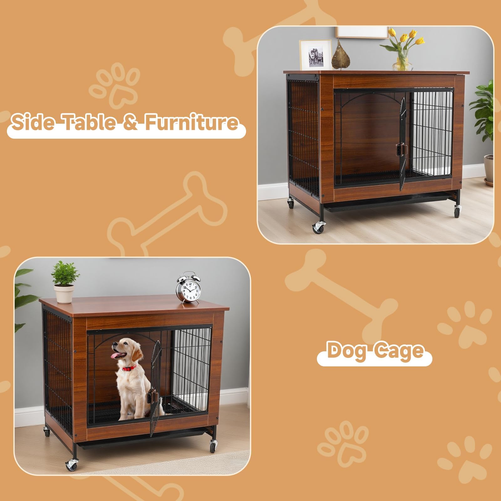 Gabbia per Cani a Stile Mobile, 78cm Casetta per Cani in Legno Moderno per Interni, Multifunzione con Ruote Universali & Vassoio Rimovibile, Adatta a Cani Piccoli/Medi, 78x55x73 cm, Marrone Vintage