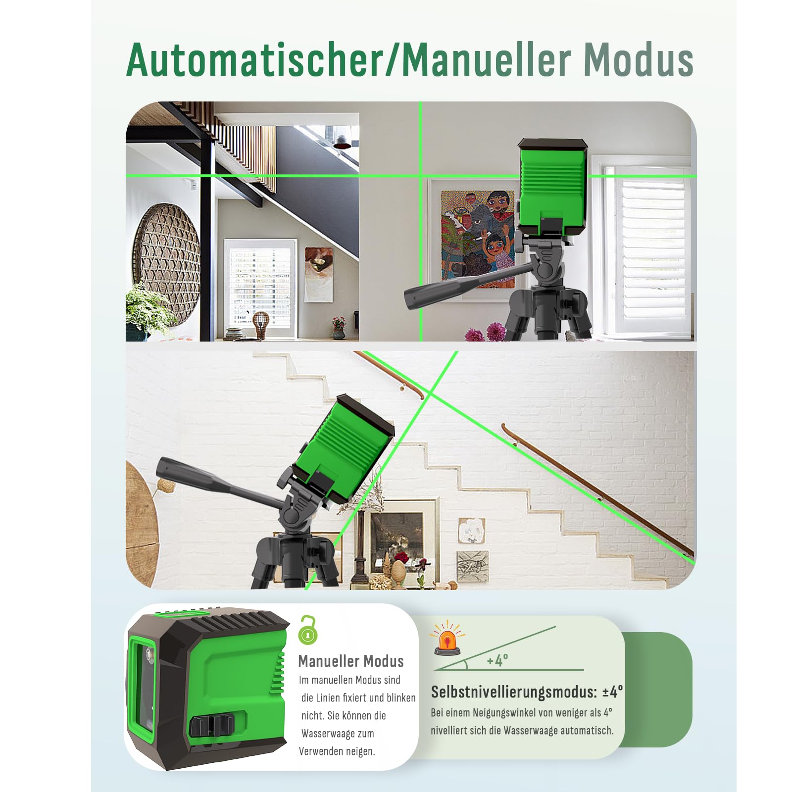 Kreuzlinienlaser mit 127 cm Stativ, Lusweimi Laser Wasserwaage, Grüner 360°-Selbstnivellierungs Laserstrahl, zum Aufhängen von Bildern/Baustellen/Inneneinrichtung/DIY, Mit 4xAA Batterien (Schwarz)