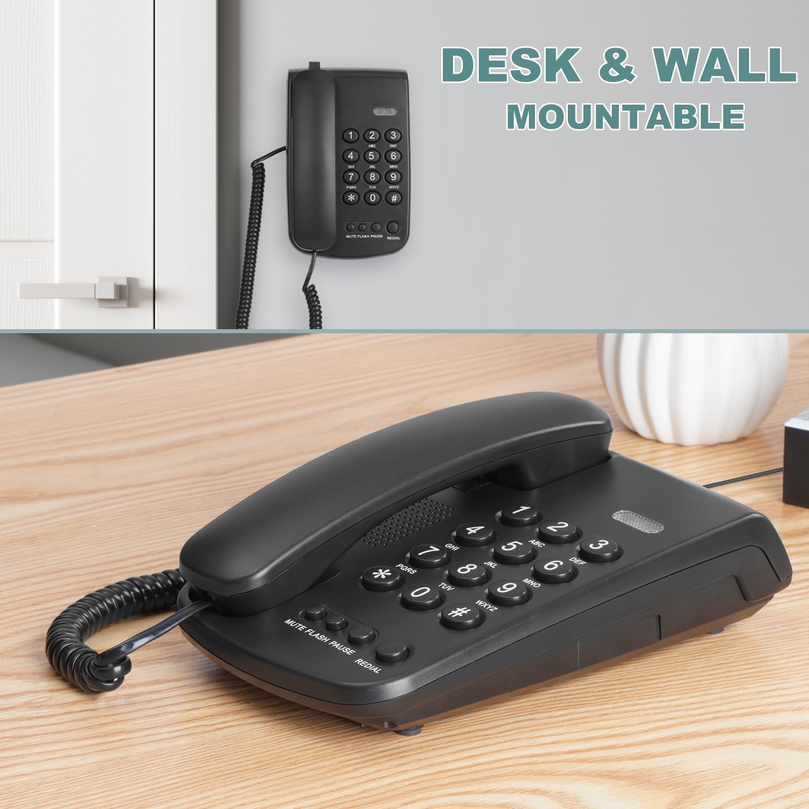 Lativu Teléfono con cable negro, teléfonos fijos con cable para uso en el hogar/oficina/hotel/recepción con volumen ajustable, teléfono para teléfonos fijos compatible con función de silencio