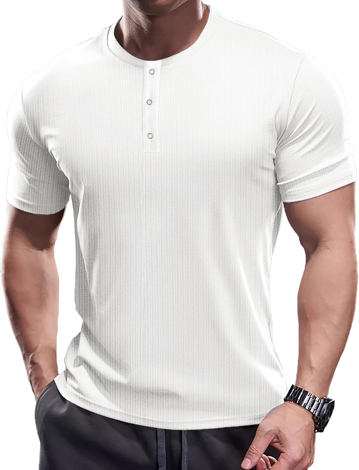 Muscle Cmdr Men's Slim Fit Henley Shirt Long&Short Business Sleeve Casual 3 Metal Buton Placket Casual Stylish T-Shirt Z-white X-Large
