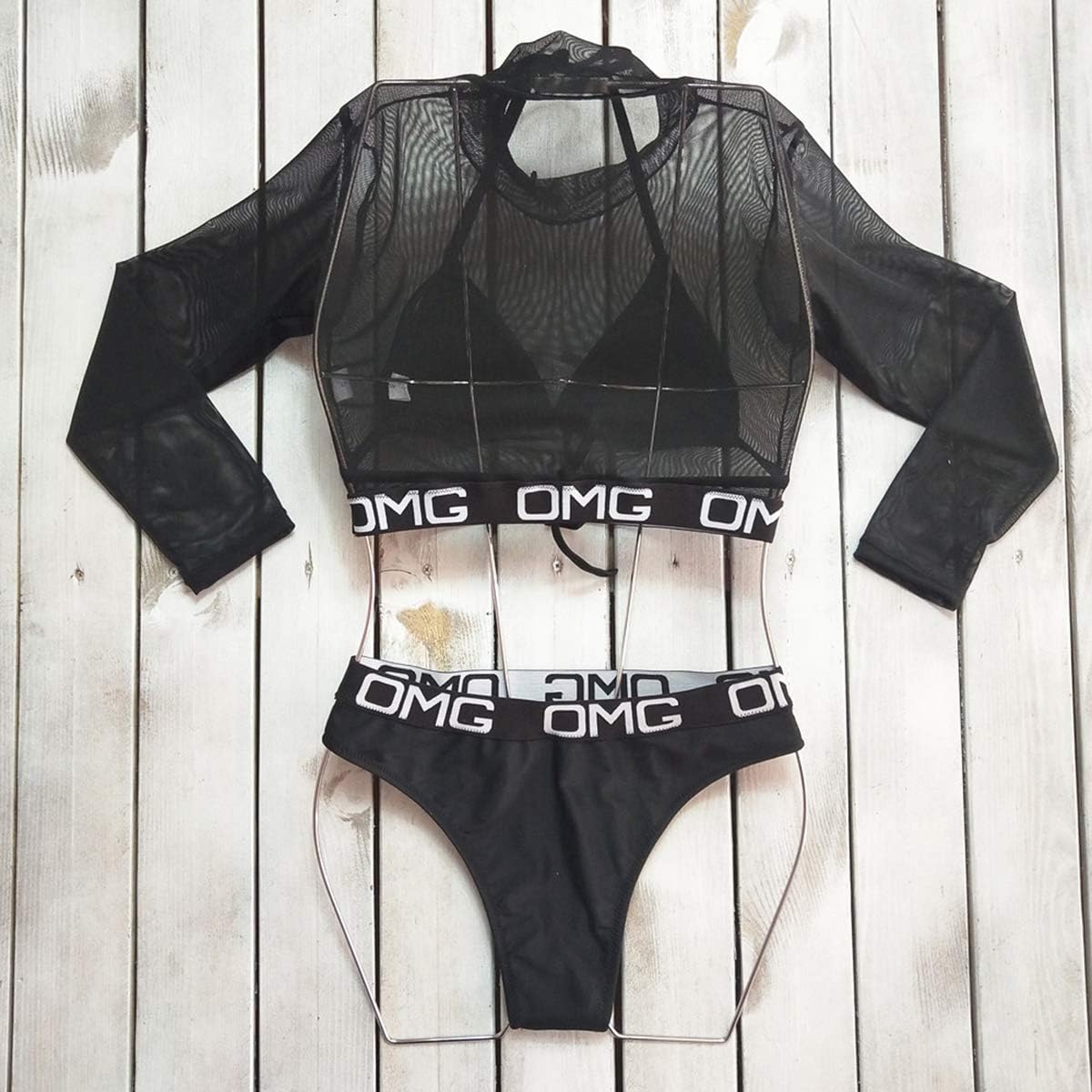 Traje de baño de 3 piezas para mujer con estampado de letras OMG cuello alto manga larga malla crop tops + triángulo corte alto bikini conjuntos negro, Negro