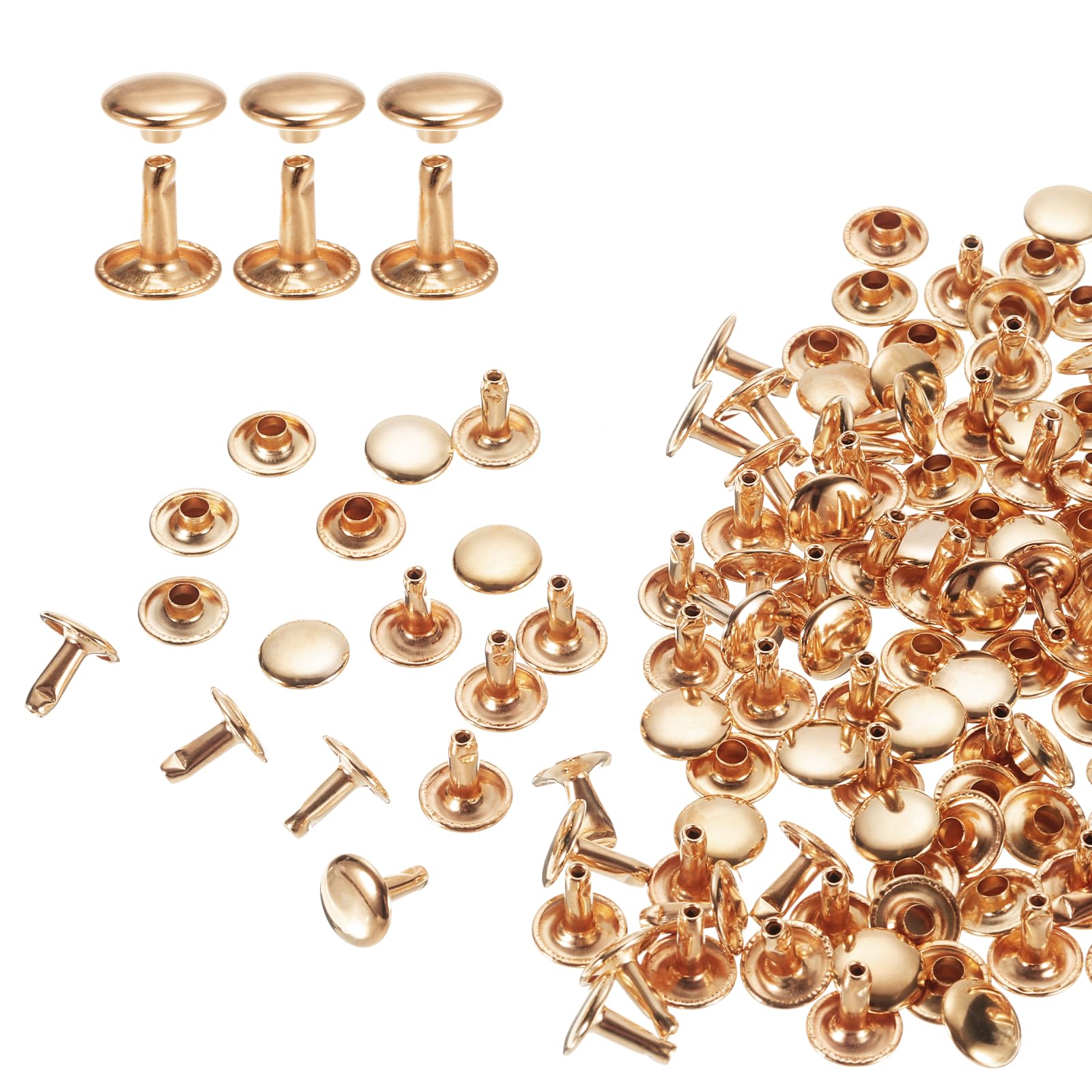 sourcing map 100 Sets Double Cap Rivets 10x10mm Carbon Steel Round Head Snaps Studs Fasteners Tubular Metal Studs for Leather Craft Repairs Decoration, Light Gold