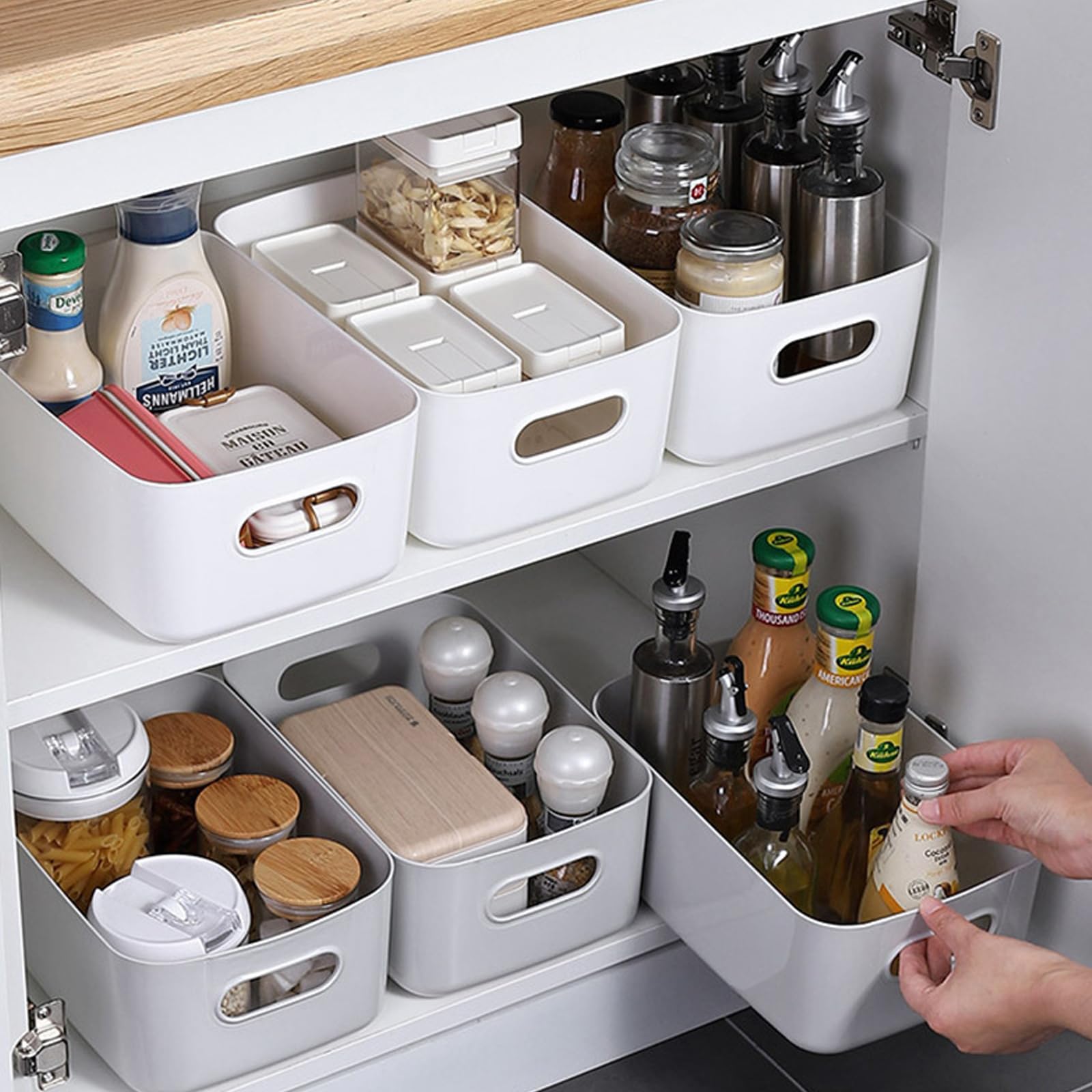 10 Pièces Boîte de Rangement en Plastique avec Poignées, 30x20x12cm, Boîte de Rangement en Plastique, pour Armoire de Cuisine, Salle de Bain, Étagère, Organiseur de Bureau (Blanc)