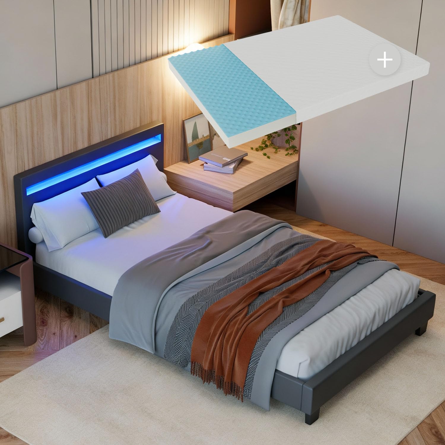 Juskys Polsterbett Verona 120x200 cm – Bettgestell mit LED-Beleuchtung, Lattenrost und Matratze (grau, Kunstleder)
