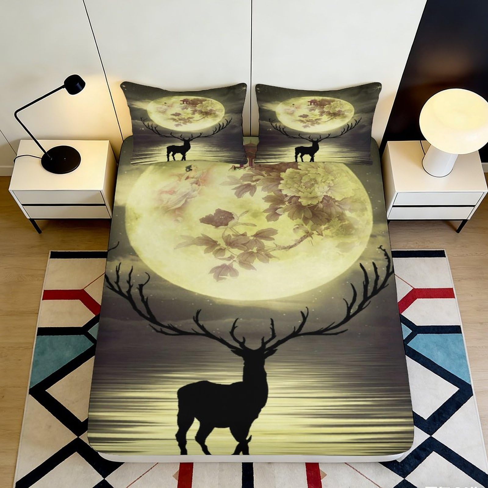 3D Printed Moon Deer Fitted Sheet Microfiber Soft Breathable Floral Bed Cover for Bedroom Dormitory Guest Room Mattress Protection Decor 160x200x25cm