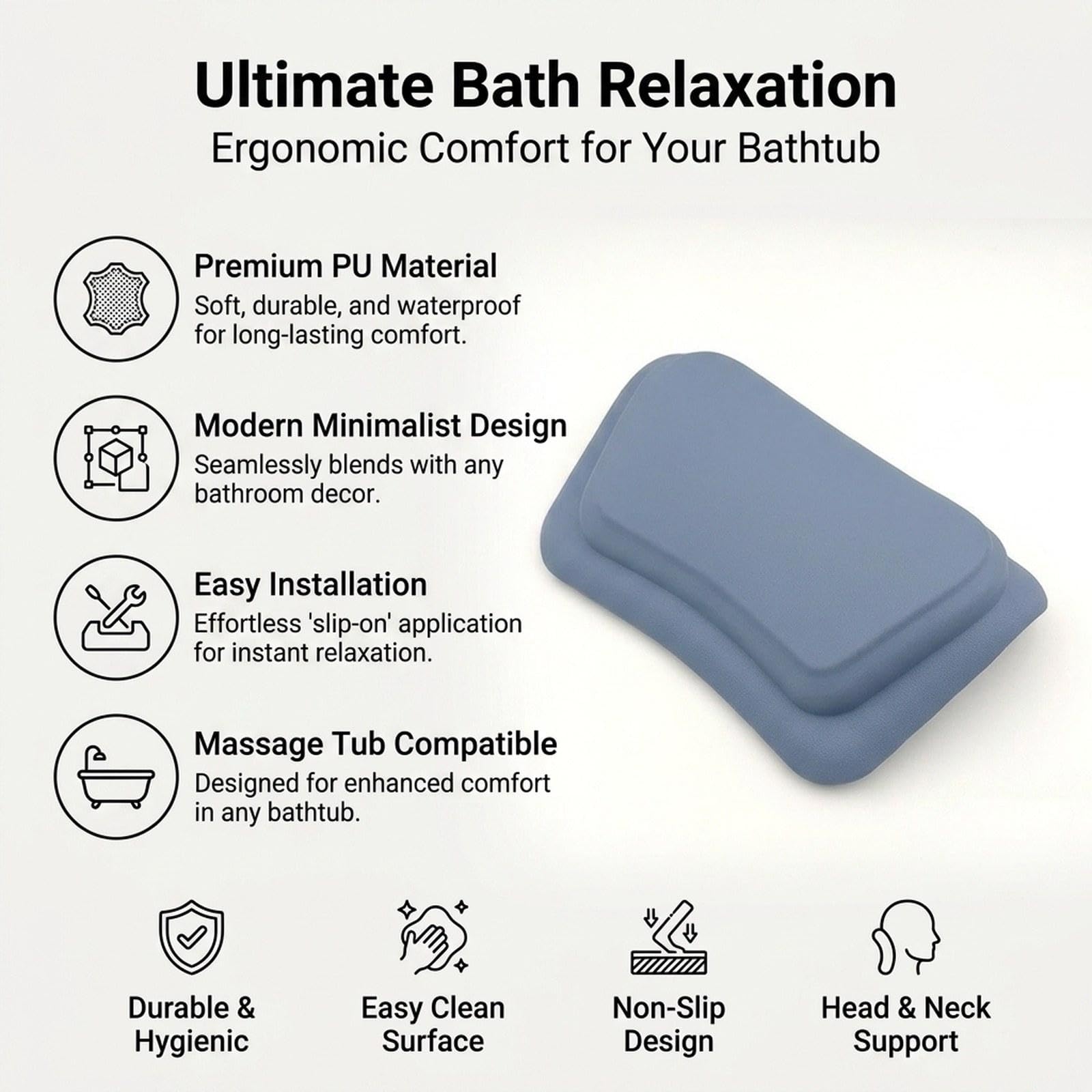 Cuscino Vasca Da Bagno Ergonomico Poggiacollo Morbido PU Accessorio Vasca con Ventose Sostegno Testa Adatto per Spa Casa Relax, Blu