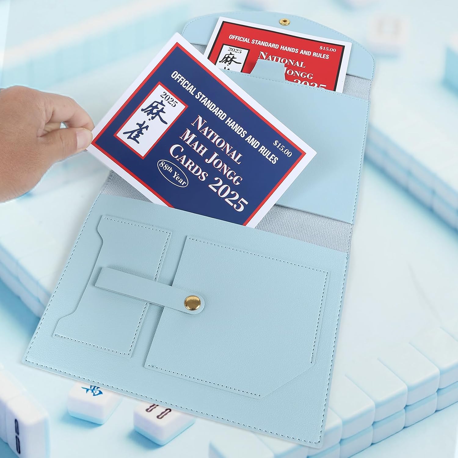 Imitation Leather Mahjong Card Sleeve,Multiple Pockets Large 17 * 8.7in Folio Mahjong Score Cards Holder (Blue)