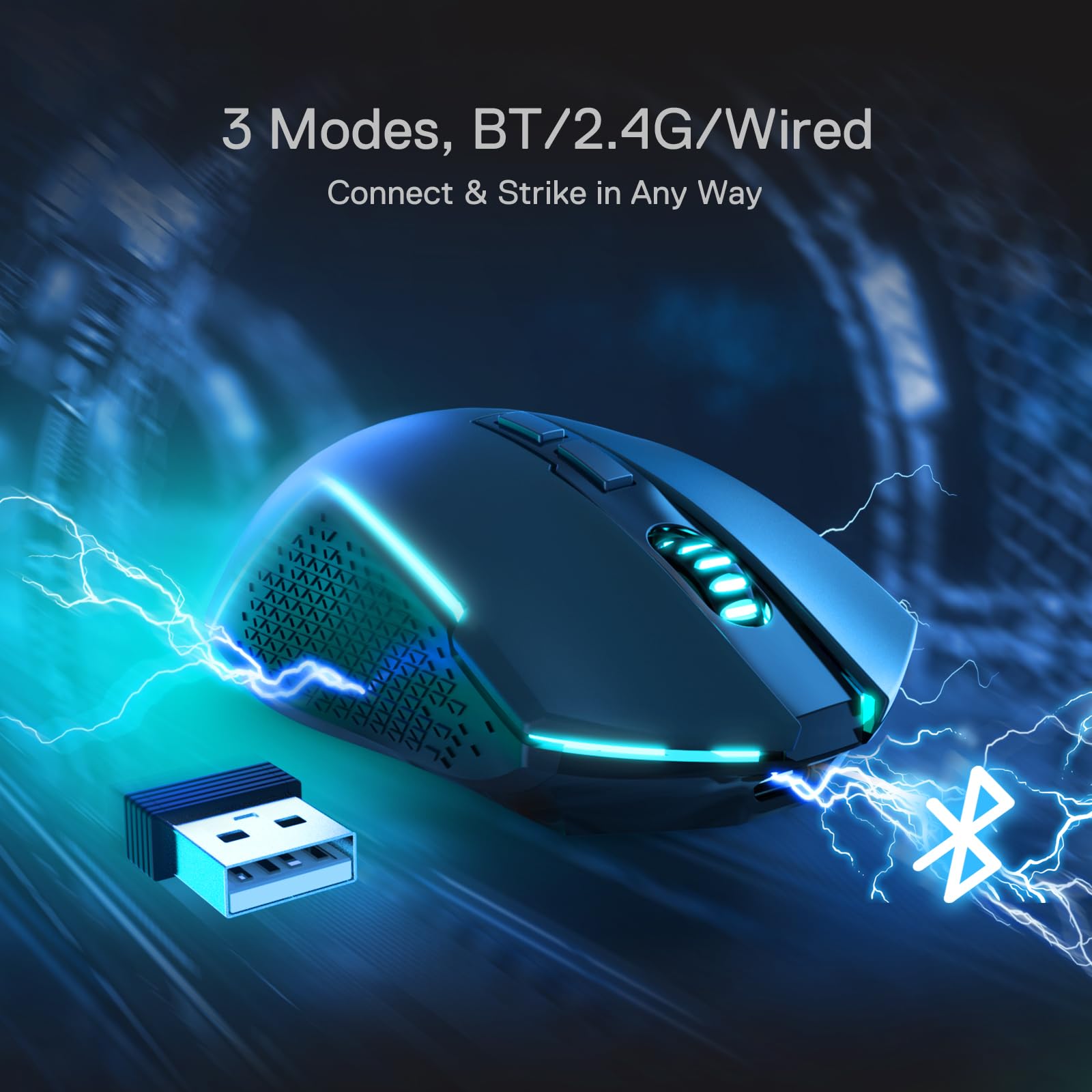 Redragon M693 LIT Wireless Gaming Mouse, 8000 DPI Mice w/ 3-Mode Connection, BT & 2.4G Wireless, 7 Macro Buttons, Reliable Power Capacity for PC/Mac/Laptop