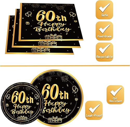 Miniatura 5 de 144 platos y servilletas de cumpleaños de 60 años, suministros para fiesta de cumpleaños de 60 años, decoraciones para hombres y mujeres, vajilla