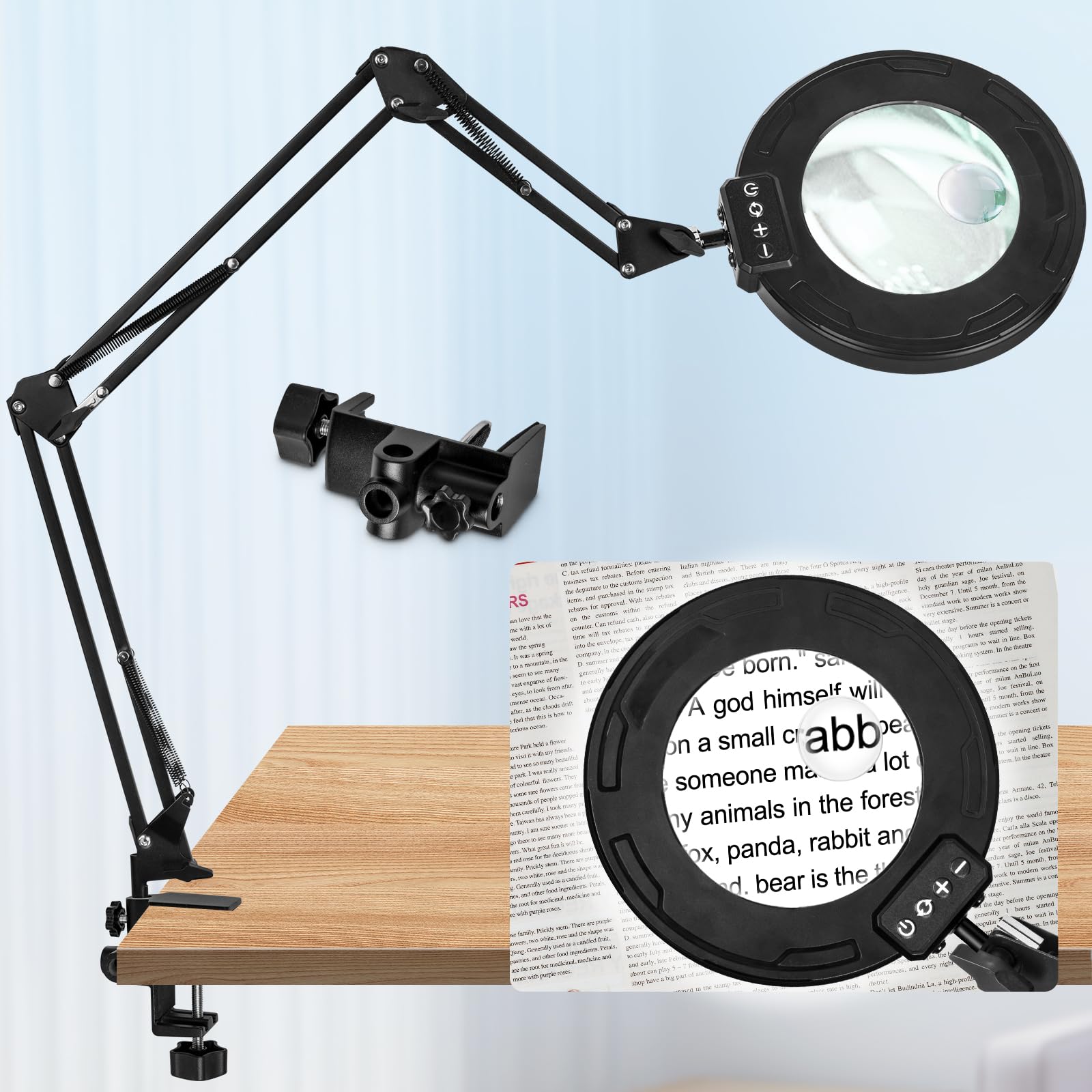 HITTI Ultra Long 12X & 30X Magnifying Glass with Light and Clamp, 5 Color Modes Steepless Dimming Desk Lamp, Swivel Arm Workbench Light, Hands Free