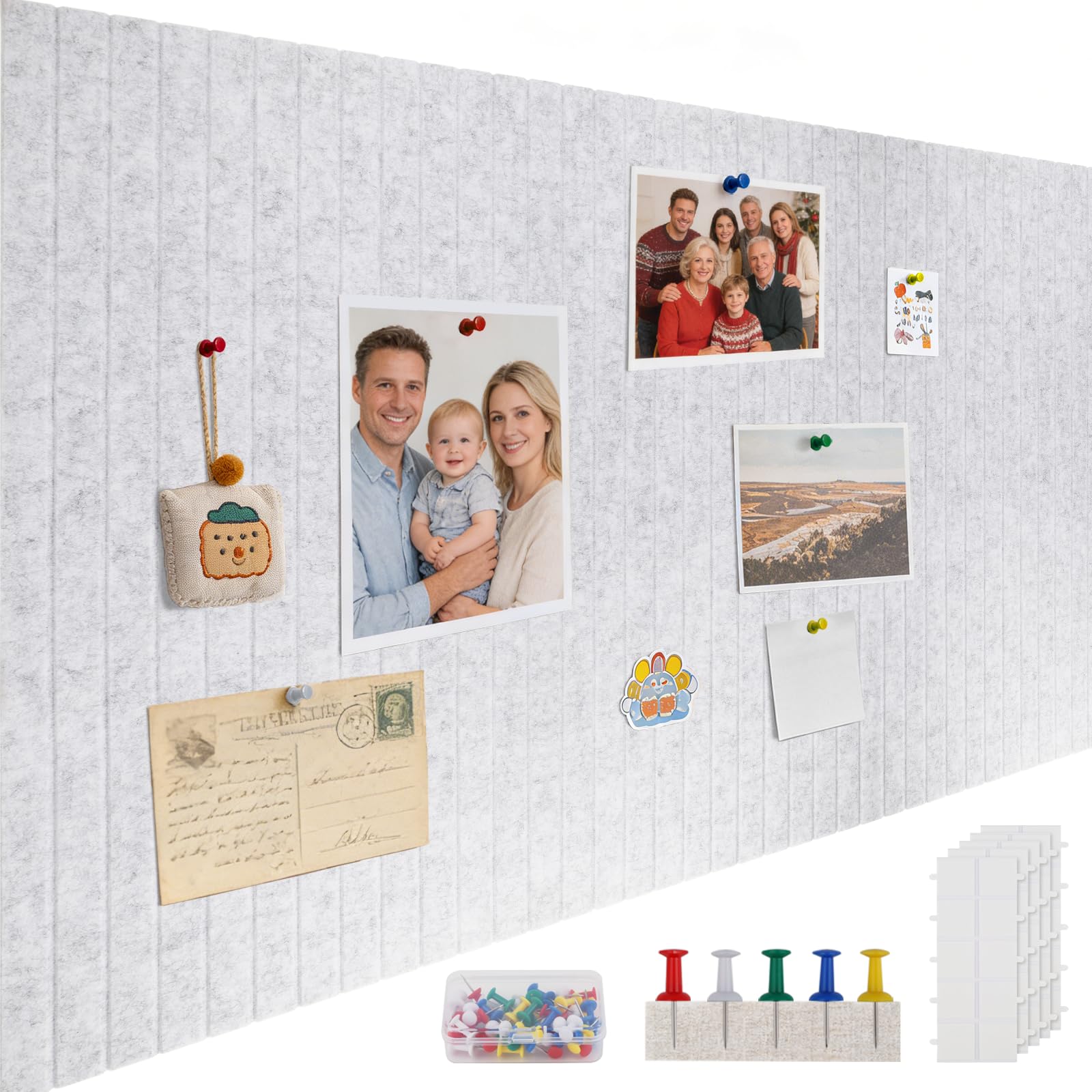 ddckj 120x90cm Large Cork Board 0.9cm Thick Felt Bulletin Board with 100 Push Pins and Adhesive Sticker, Felt Wall Tiles Office Kitchen School for Photos Memos, Light Gray