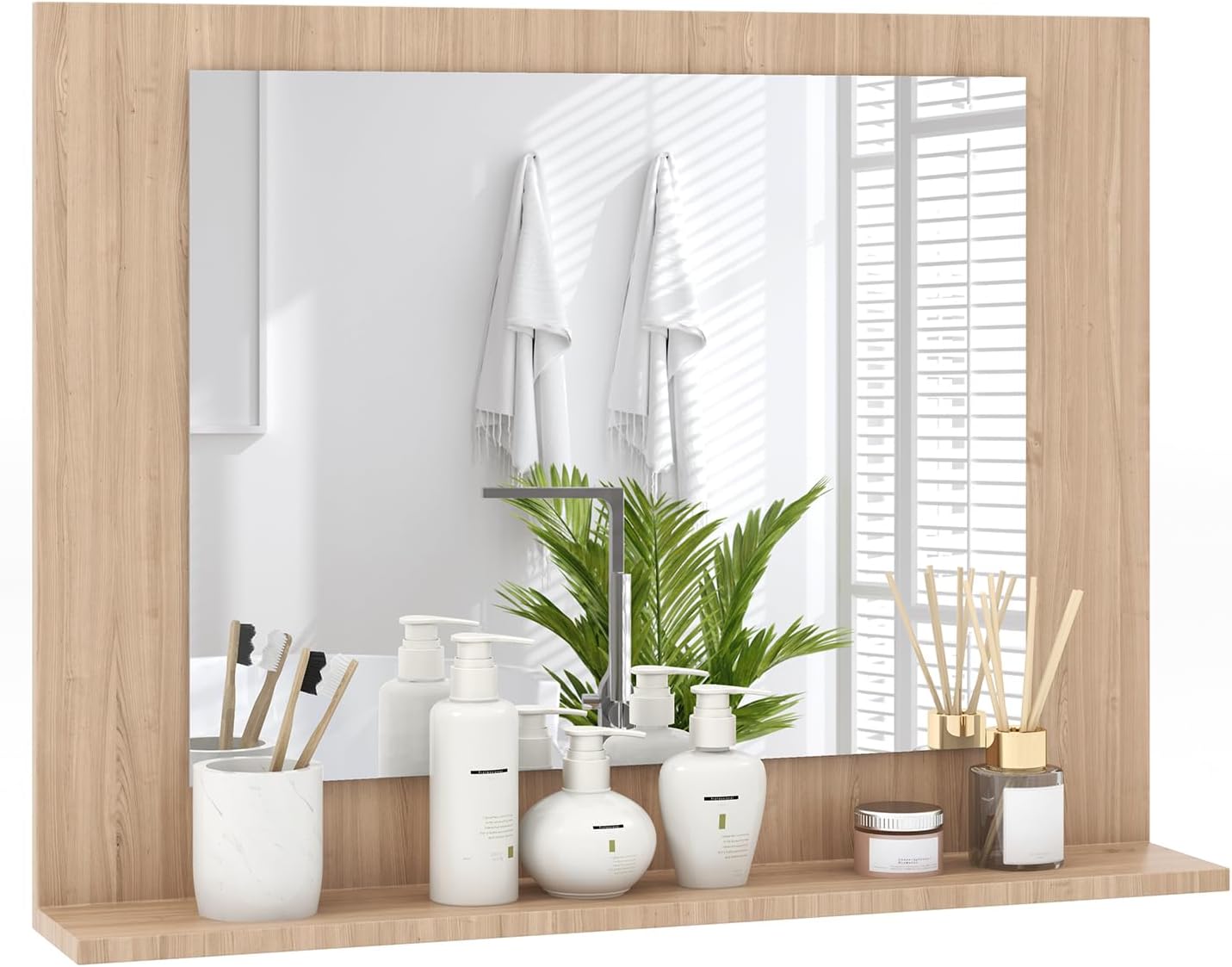 Tangkula Bathroom Mirror with Shelf, 23.5" x 17.5" Rectangle Wood Frame Bathroom Vanity Mirror for Over Sink, Wall Mounted Modern Mirror for Living Room, Entryway (Natural, 23.5" x 17.5")