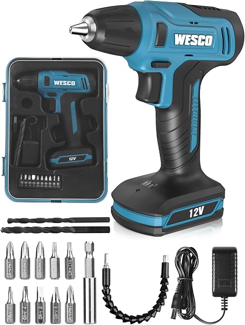 WESCO Cordless Drill and Screwdriver Set, 12V Electric Screwdriver, 12 Torque Electric Drill 0-850 /min Rotational Speed, Cordless Screwdriver Chuck Size 10mm. with 14 Drill Bits and Charger