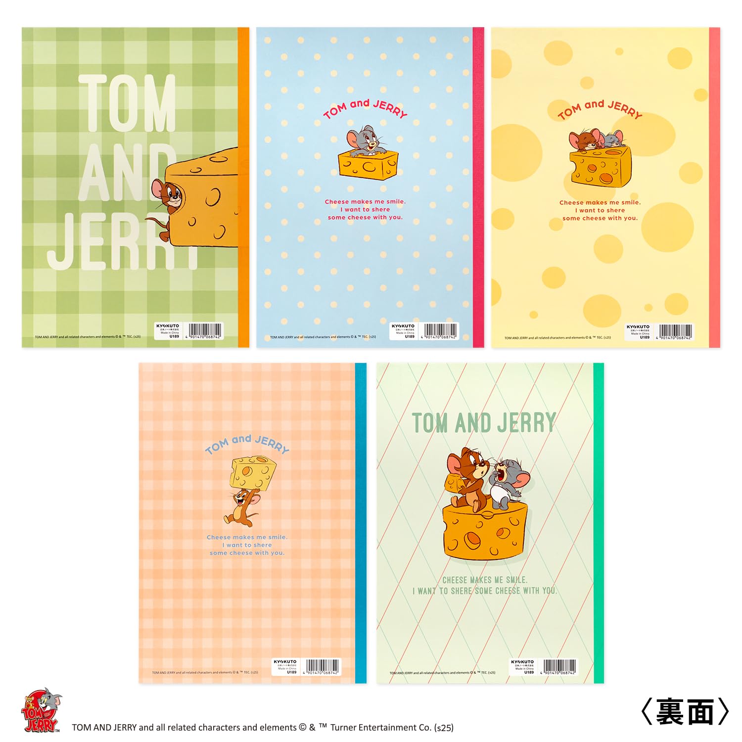 Kyokuto U18905 Lot de 5 carnets de notes Tom et Jerry, Cheese Party, semi-B5, règle de 6,5 mm, assortiment