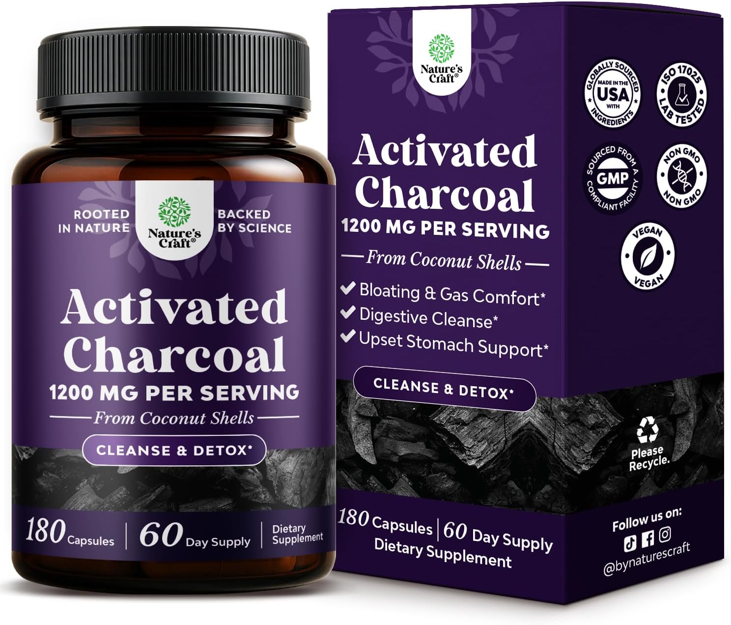 Activated Charcoal Capsules 1200mg - Coconut Charcoal Pills Stomach - 180ct