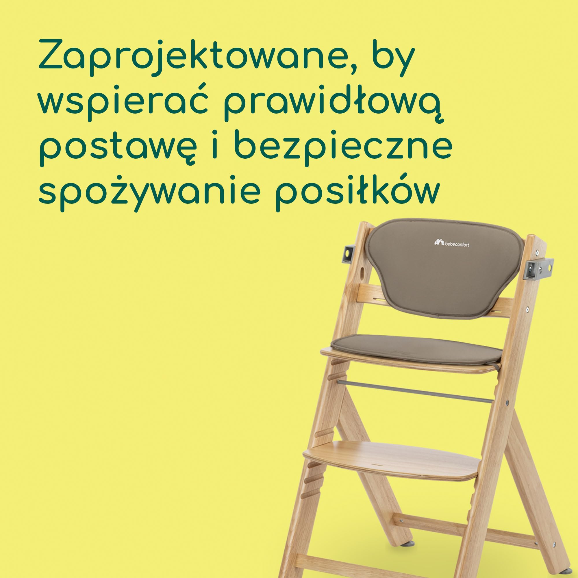 Bebeconfort Timba 2 z Poduszką, Krzesełko Dziecięce Drewniane, 6+ Miesięcy, Do 110 kg, Ergonomiczne Krzesełko do Karmienia, Pasuje do Wielu Stołów, Wyjmowana Taca, Natural Wood + Beige