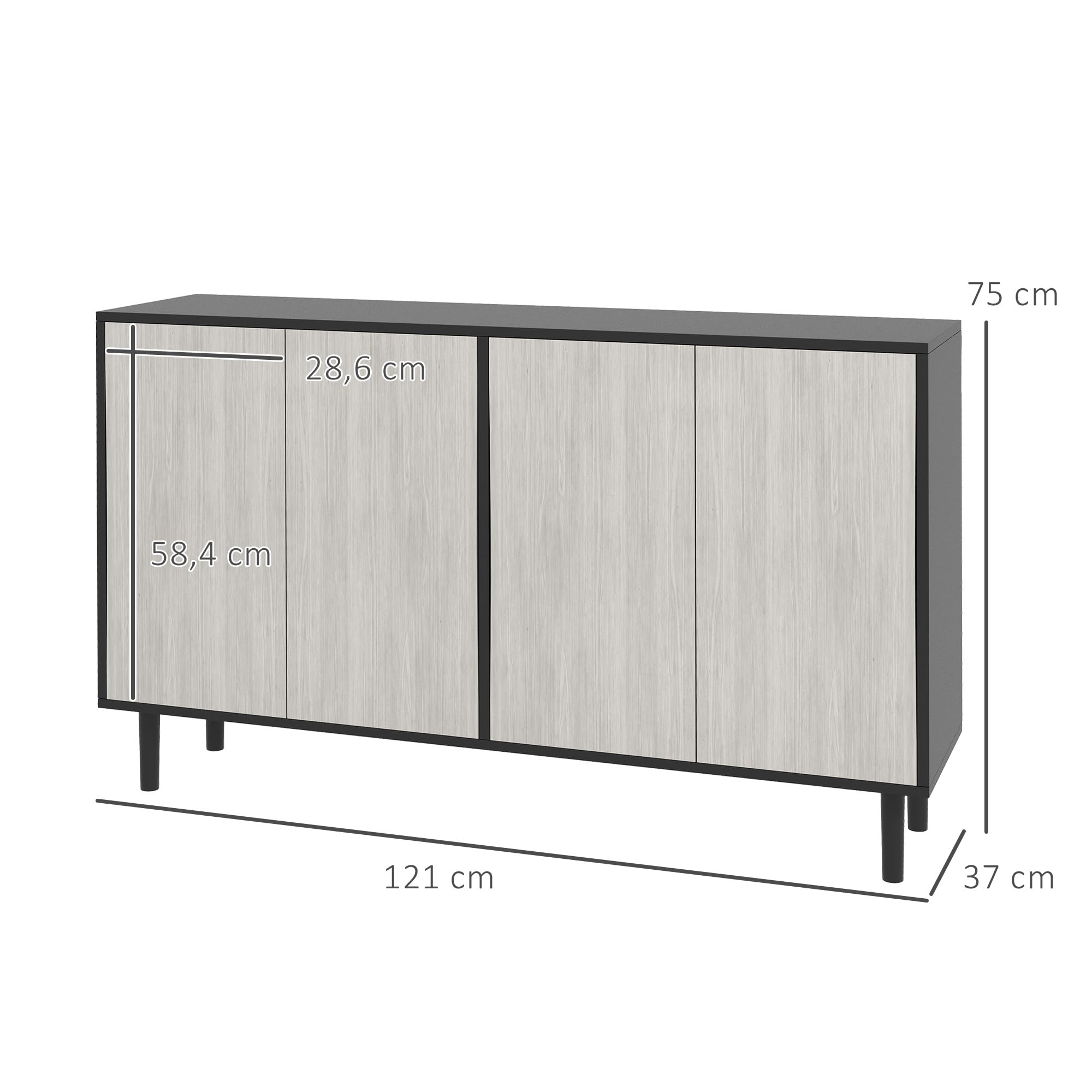 HOMCOM Buffet Cuisine 2 Placards 121x37x75cm Noir et Aspect Bois Gris | Meuble de Rangement, Armoire de Cuisine, Étagères Réglables