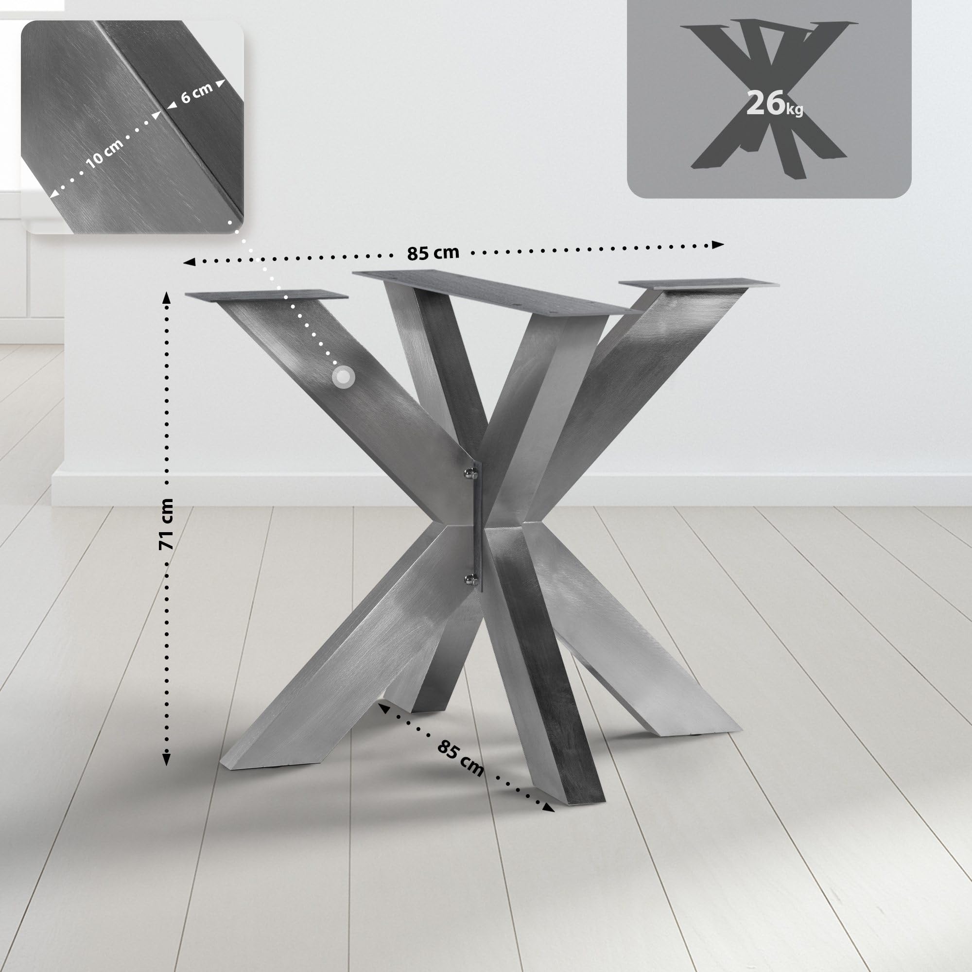 CLP Pieds de Table Duncan I Piètement de Table pour projets DIY I Patins de Table en Acier Inoxydable en Forme d'étoile I Profilés carrés, Couleur:Acier affiné, Taille:85x85x71 cm