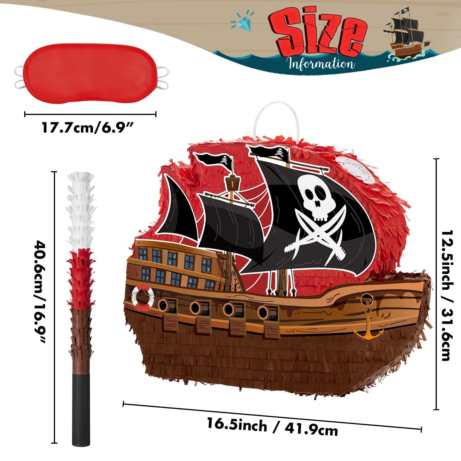 WERNNSAI Piraten Pinata – 41,9 cm x 31,6 cm x 7,5 cm Pirat Pinata Geburtstag Junge Kinder Piraten Piñata mit Stock Augenbinde Piñata Komplettes Set Abenteuer Partyspiel