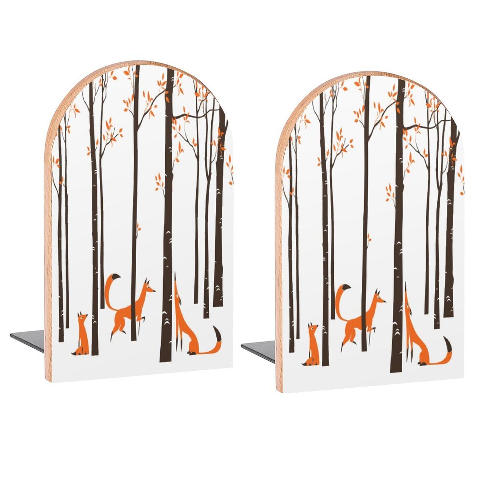 Autumn Tree Cartoon Fox Book Ends Decorative Wood Bookends for Shelves Room Desk Home Office Book Stoppers for Magazines,Books, DVDs 2 Pieces