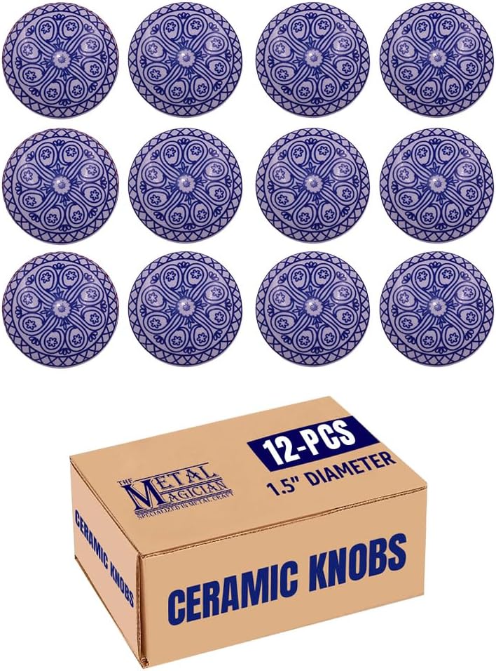 The Metal Magician Cabinet Knob Drawer Pull Ceramic Handles Cupboard Knob Drawer Pull Vintage Shabby Chic Hand Painted Handmade Assorted Blue Wheel (Flower) 12Pcs