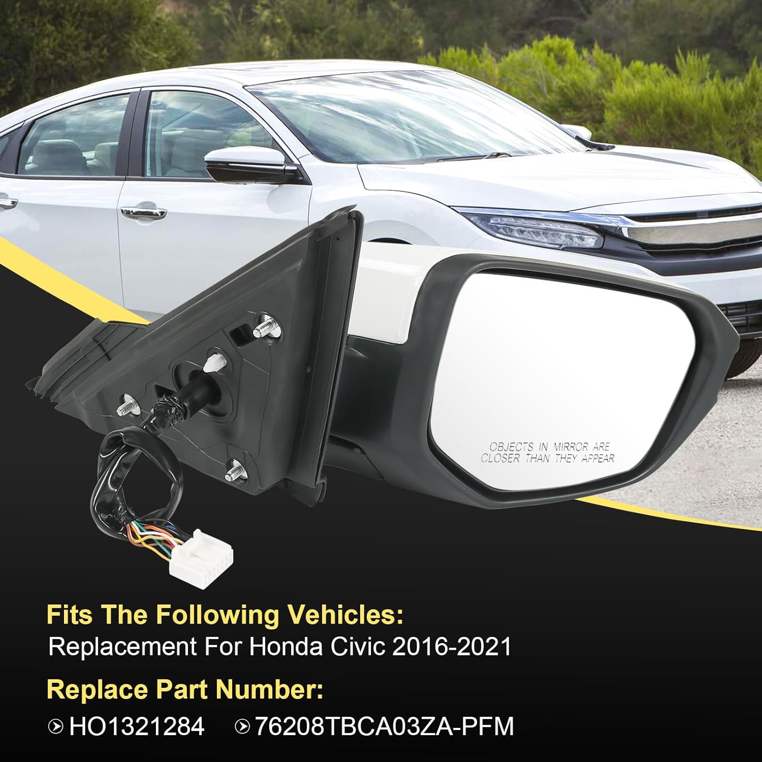 door mirror right passenger side replacement for honda civic 2016-2021, replace ho1321284 white 11pins white-11pins right passenger side