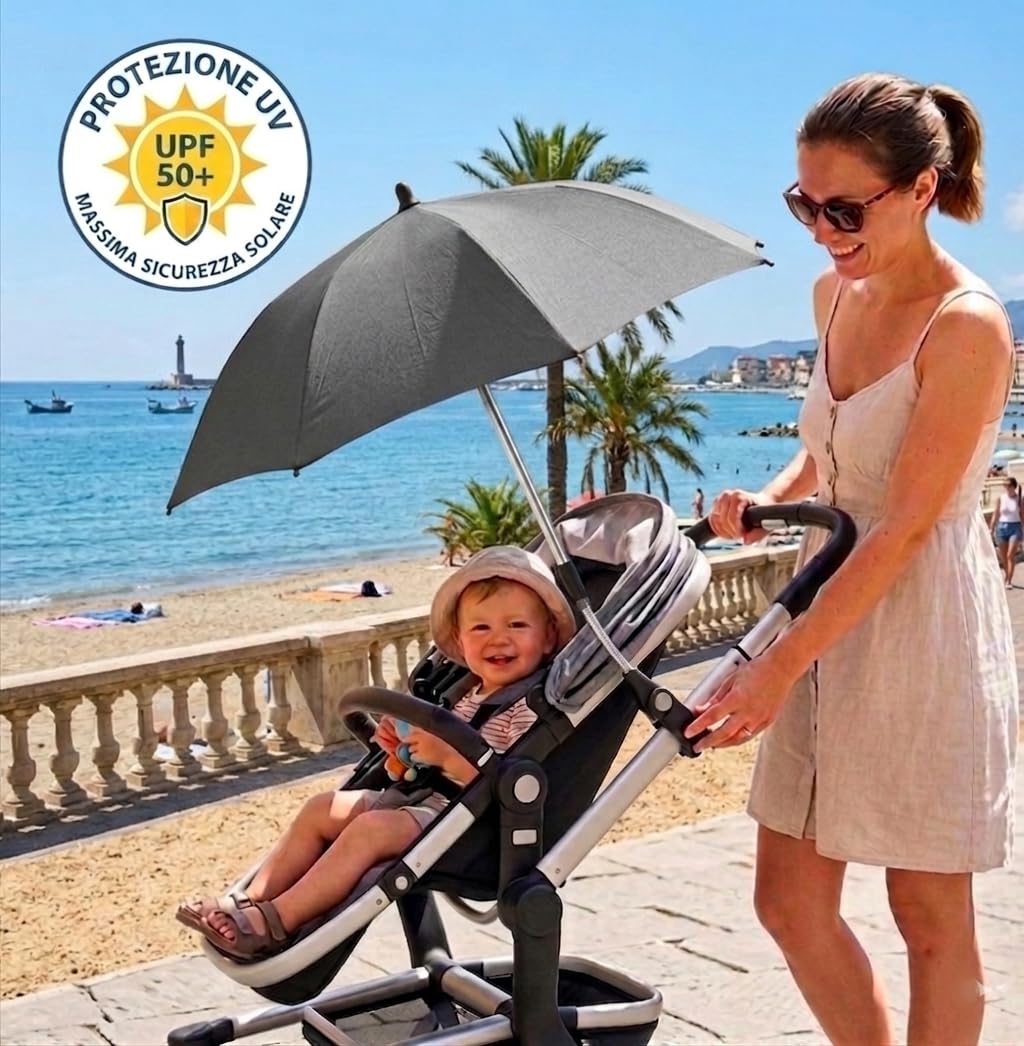 TC BABY'S Sombrilla para cochecito de bebé, universal, anti UV, protección para niños, color gris oscuro