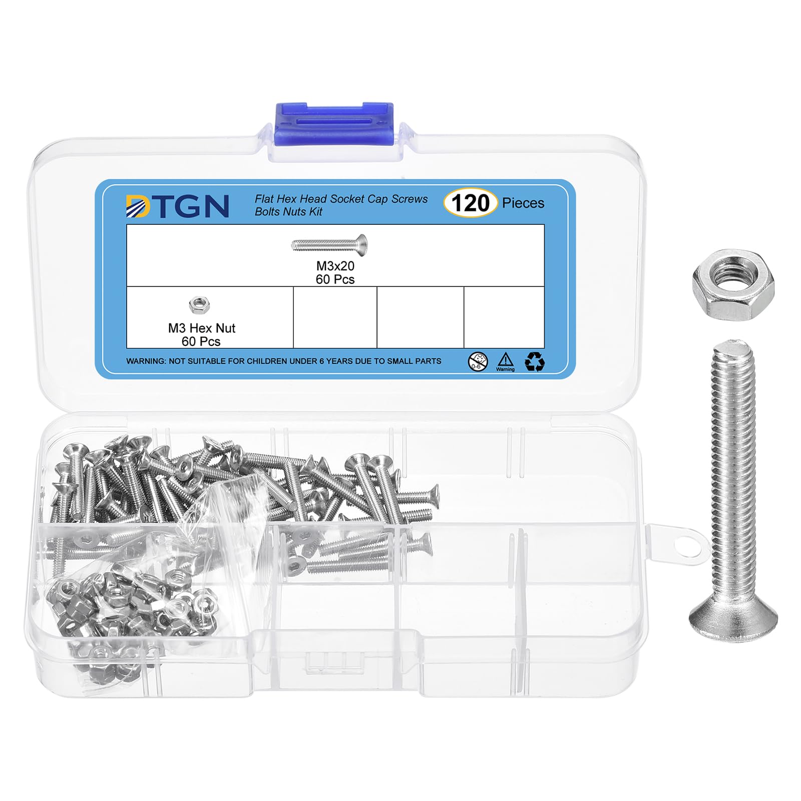 DTGN 120Pcs M3-0.5 x 20mm Flat Head Hex Socket Cap Screws Bolts Nuts Kit