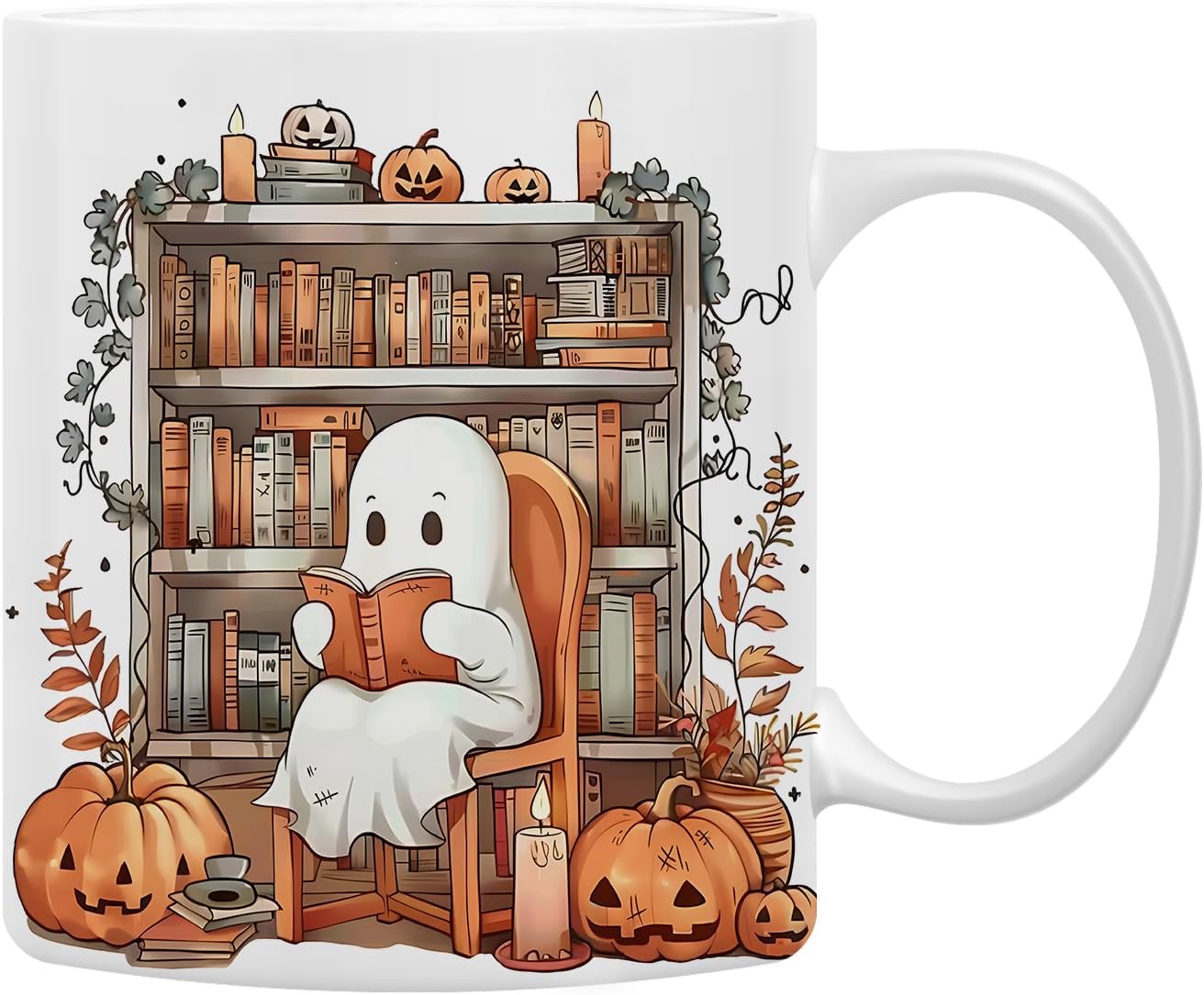 QASHWEY Halloween Reading Ghost Mug, Halloween Coffee Mug, Fall Book Lovers Gifts Mug, Halloween Themed Mug Tea Cup Gifts for Reading Lovers, Fall Bookish Ghost Halloween Coffee Cups Ceramic 11oz