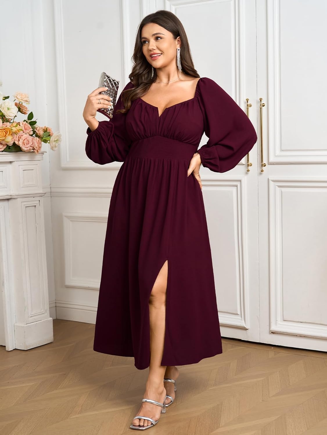 SCOMCHIC Women Plus Size Formal Dresses Long Sleeve Square Neck Wedding Guest Cocktail Split A-Line Maxi Long Dress - Image 5