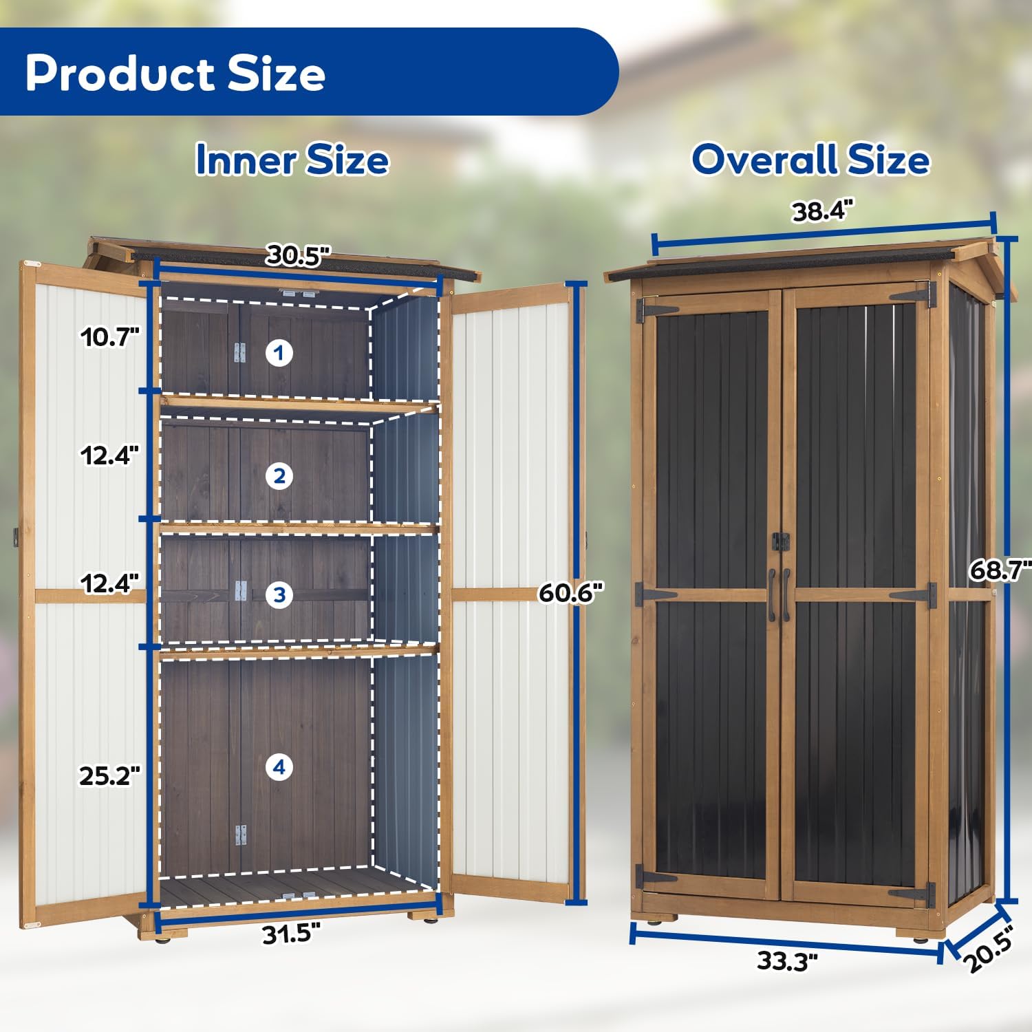 Diagram showing the inner and overall dimensions of the outdoor storage cabinet.