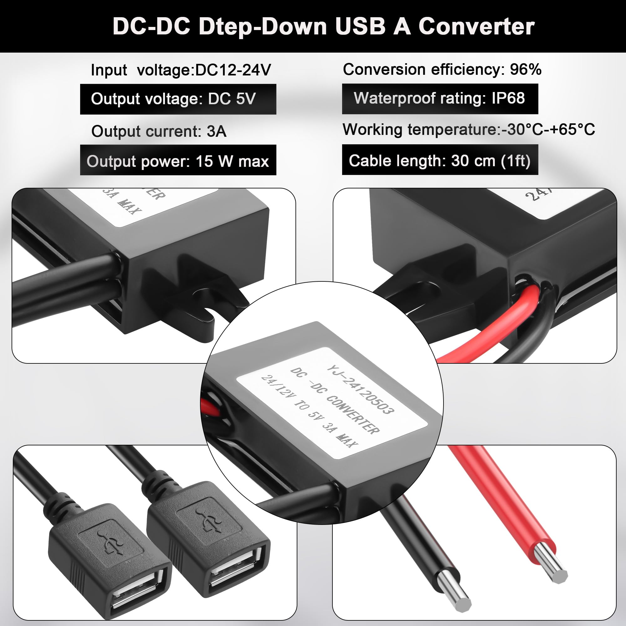 Convertitore di alimentazione femmina USB doppio da 12V 24V CC a 5V 3A 15W Adattatore di alimentazione step down DC-DC,adattatore di alimentazione con modulo buck impermeabile per auto