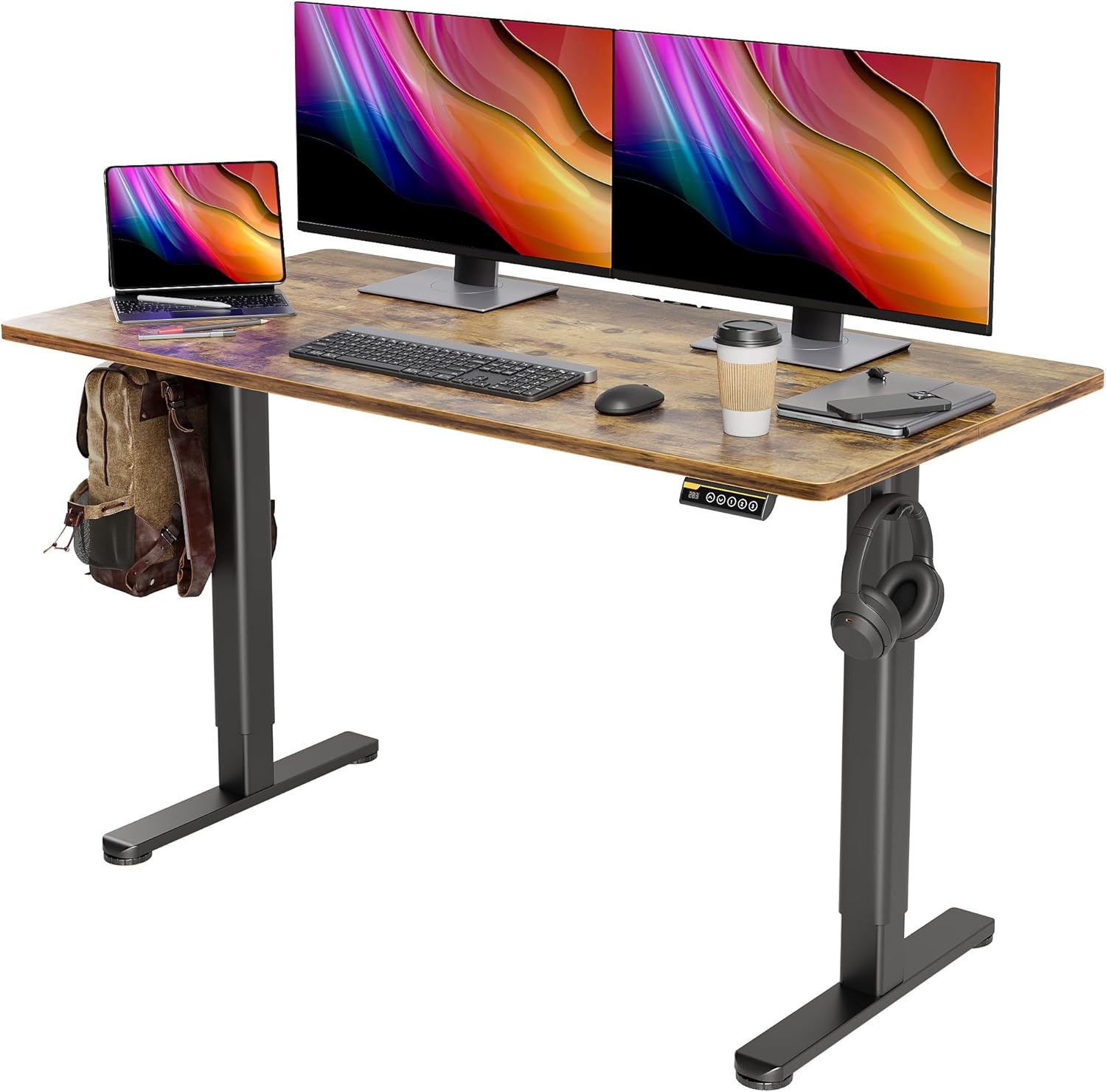 Seang Electric Standing Desk, Adjustable Height with 3 Memory Presets, 55x24 Inch Sit Stand with Splice Board for Home Office Computer Workstation, Black Frame/Rustic Brown Top