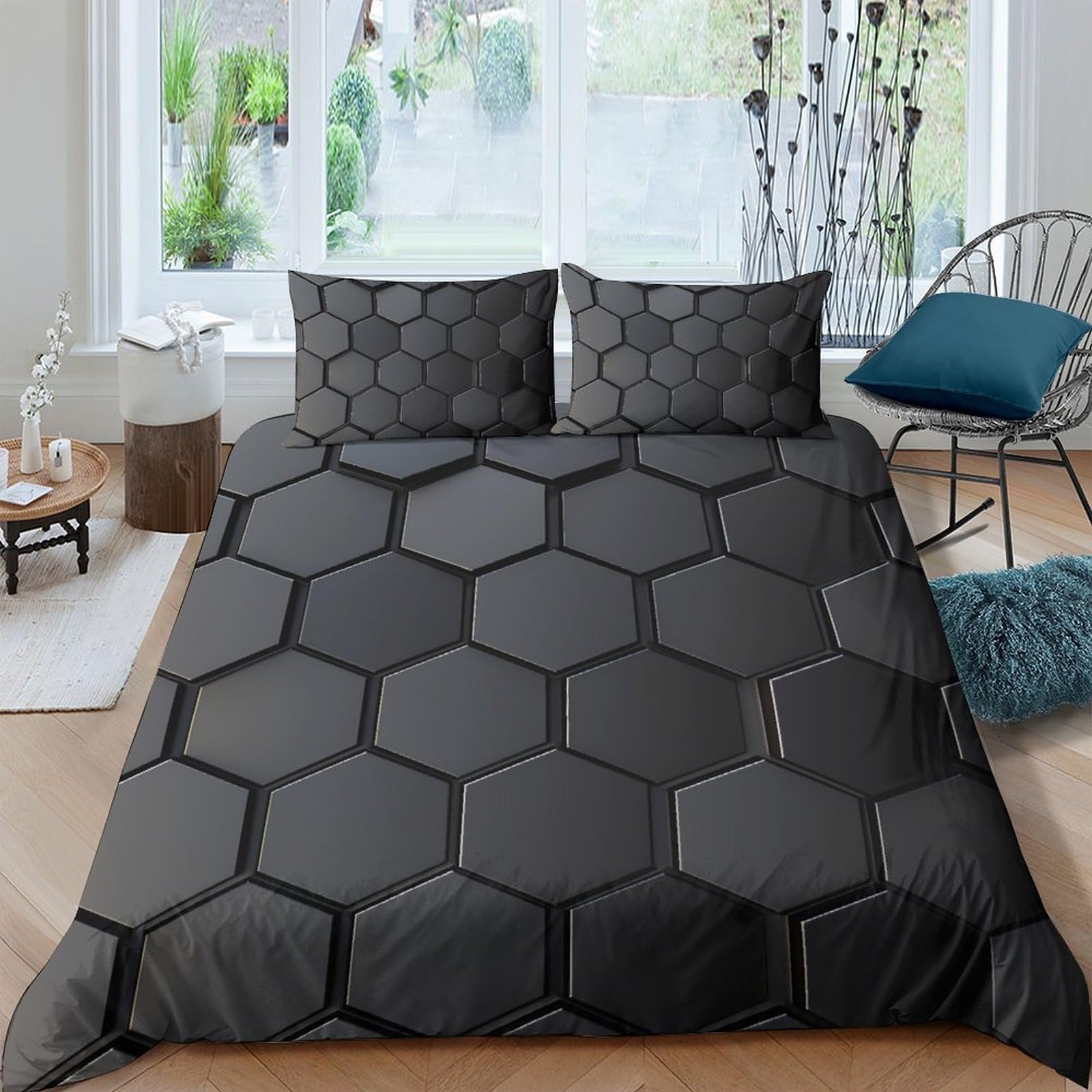Ctjqhvkz Style-9 3D Printed Hexagon Pattern Fitted Sheet Microfiber Black Geometric Mattress Cover For Bedroom Guest Room Easy Care Single（135X200cm）