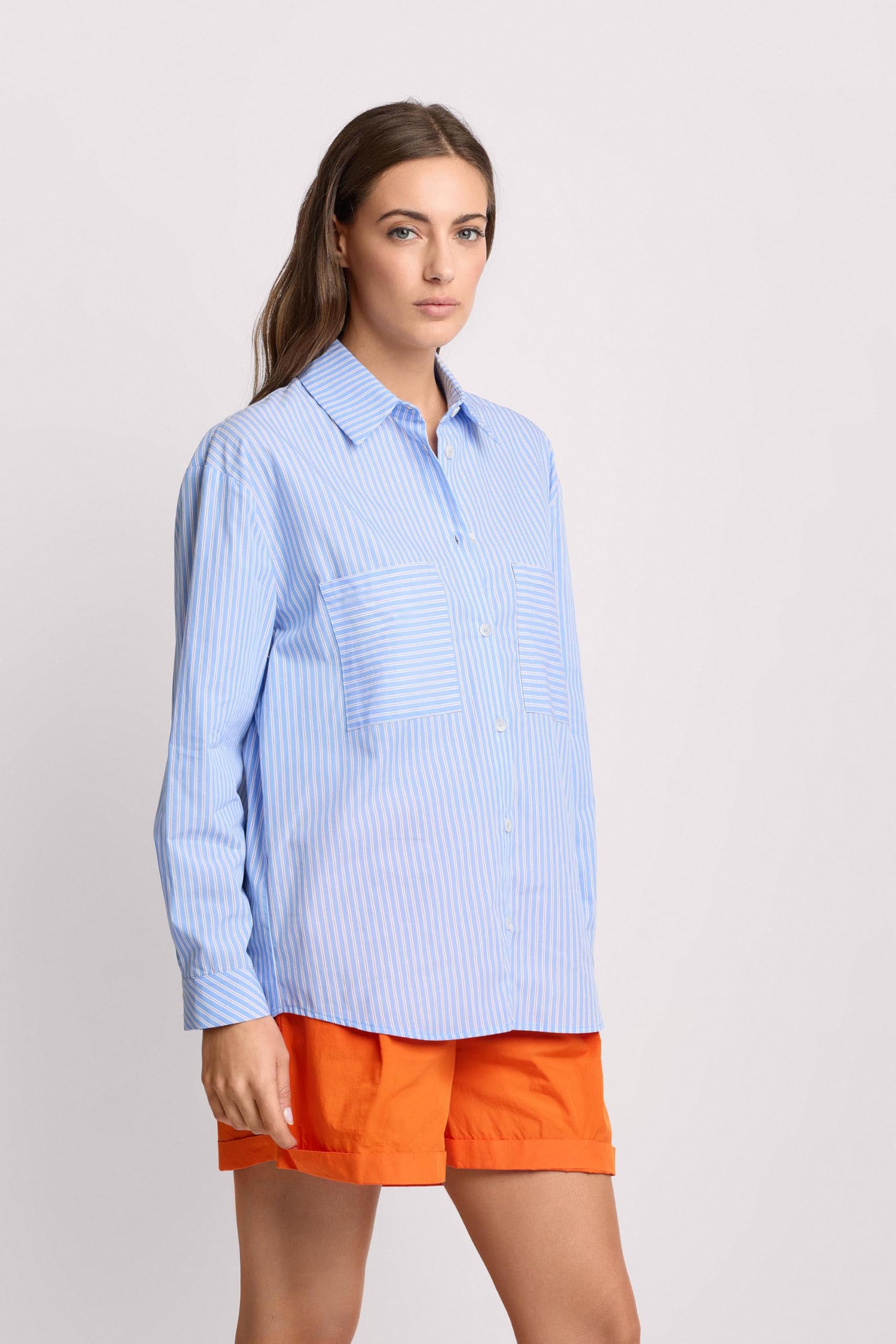 Kocca - Camisa de algodón a rayas estilo Menswear mujer, rayas, cuello de camisa, modelo: P26PCM8522ABRI3583