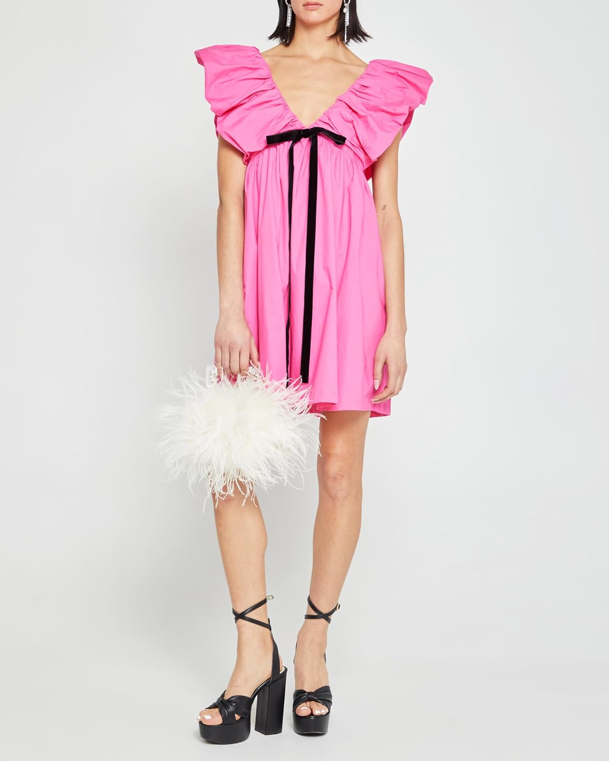 Women's Floral Bow V Neck Babydoll Mini Dress Flower Print Puffy Sleeve Boho Short Casual Loose Flowy Dresses - Image 2