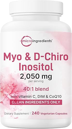 Myo-inositol y D-Chiro Inositol 2,050 mg  240 cápsulas vegetales + vitamina C, folato, DIM y CoQ10  Suplemento de inositol para mujeres  Proporción